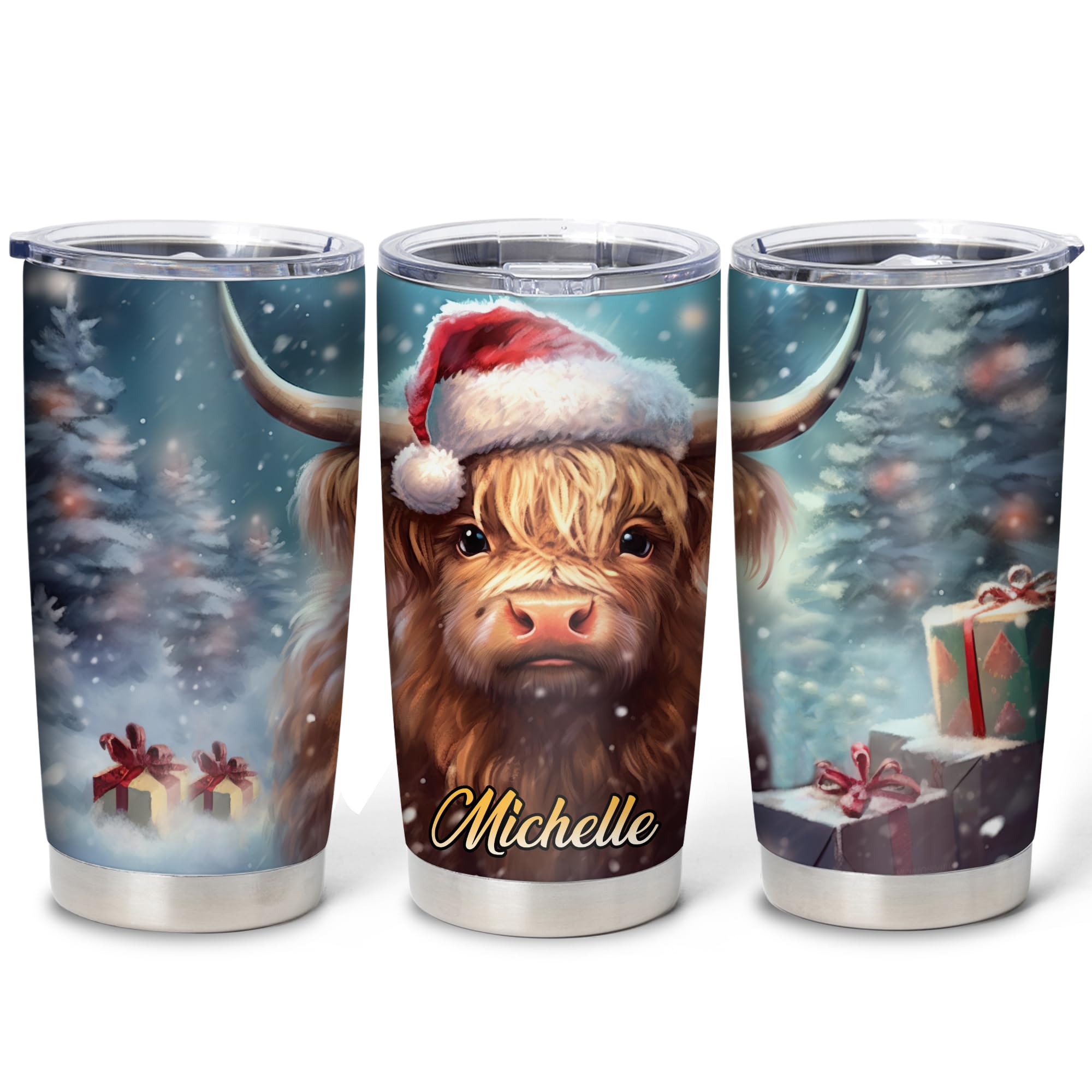 Hyturtle Personalized Gifts Highland Cow Lover - Highland Cow With Santa Hat Custom Name Stainless Steel Tumbler 20 oz With Lid - Cute Farm Animal Lover Gifts For Women, Girl On Birthday, Christmas