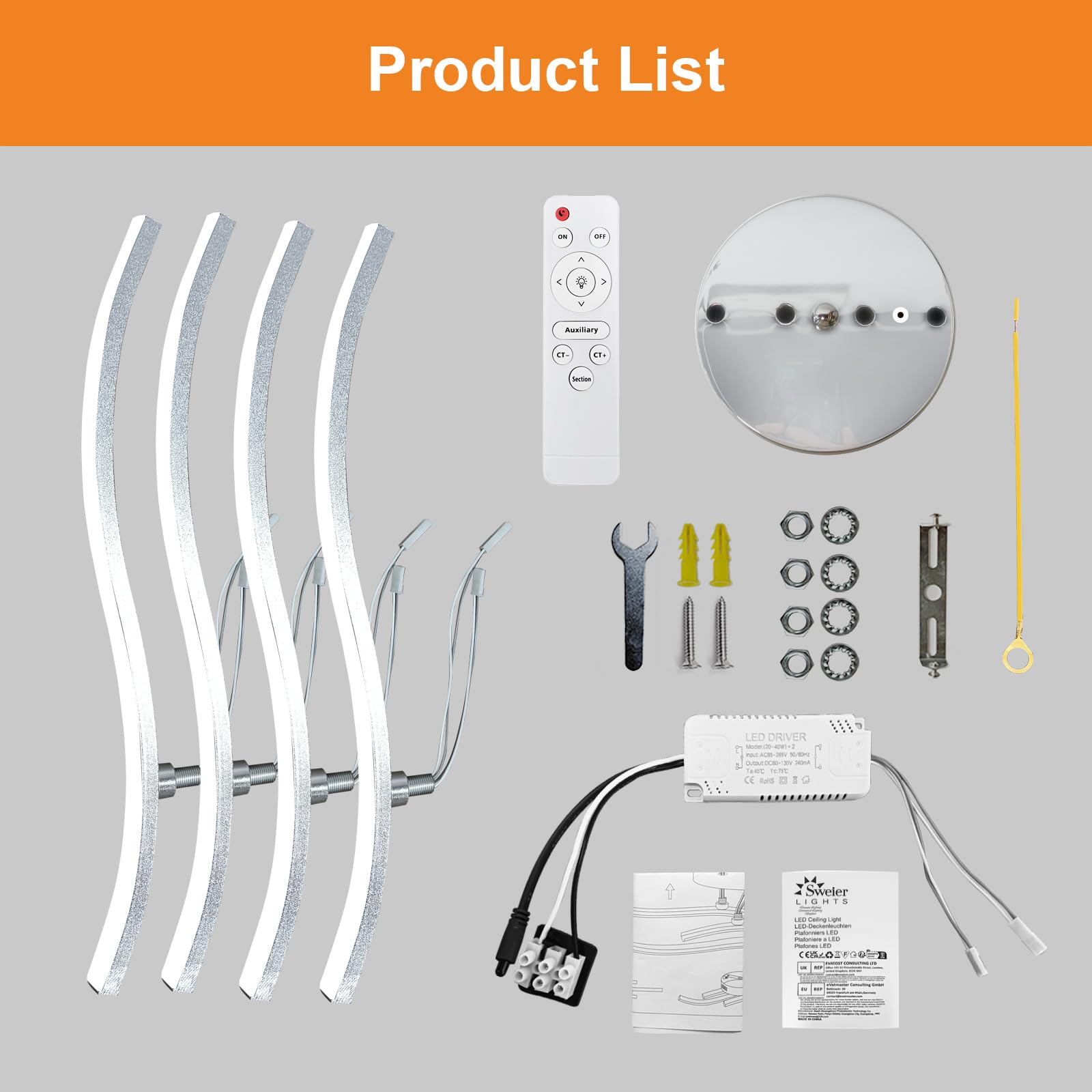 Plafoniera LED con Telecomando, Lampada Soffitto Dimmerabile, Moderno Cromato Curvo Lampadario, per Soggiorno, Camera da Letto Cucina, Sala da Pranzo (28W, 4 LED Montaggio Parallelo)