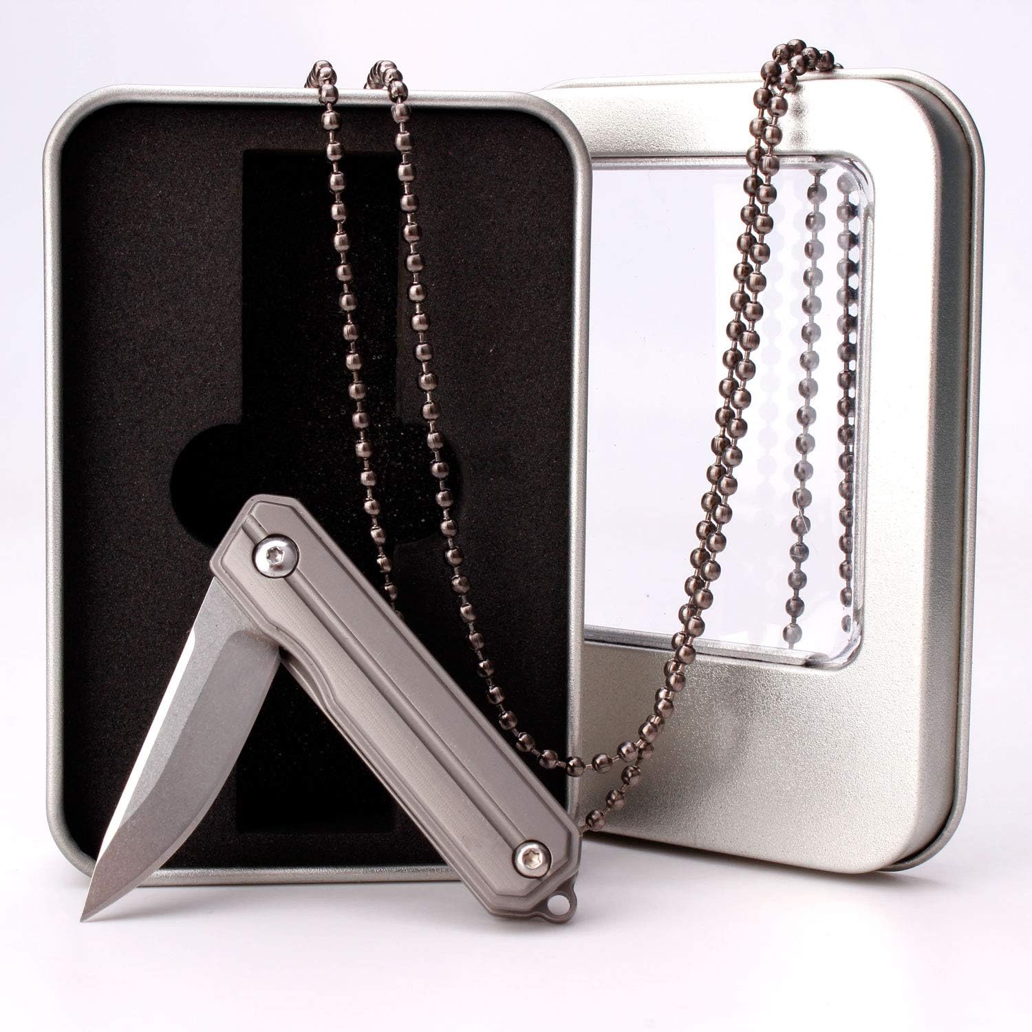 Samior HY004 Mini Folding Pocket Flipper Knife, 1.45 inch Drop Point D2 Blade, Anodized Titanium Handle Frame Lock, EDC Keychain Gift Necklace Pendant Knives, Grey