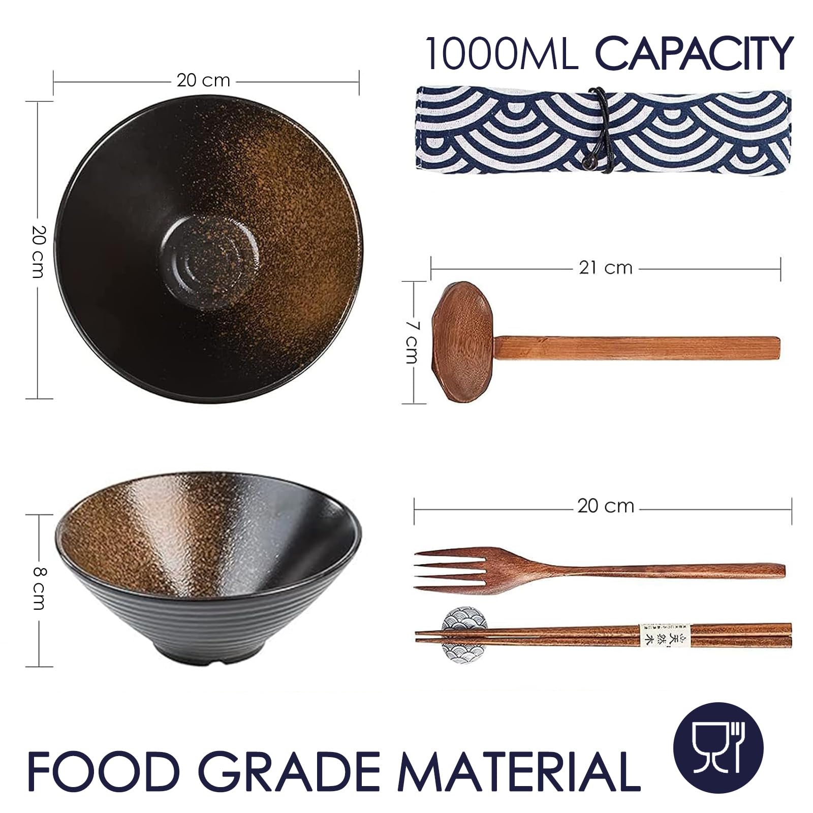 Keramik-Suppenschüssel-Set, 2×1000ml Ramen Bowl, Große Japanische Nudelschalen mit Löffel und Stäbchen, Traditionelles Asiatisches Geschirr Set, für Udon, Pasta, Pho, Soba, Müsli & Salat