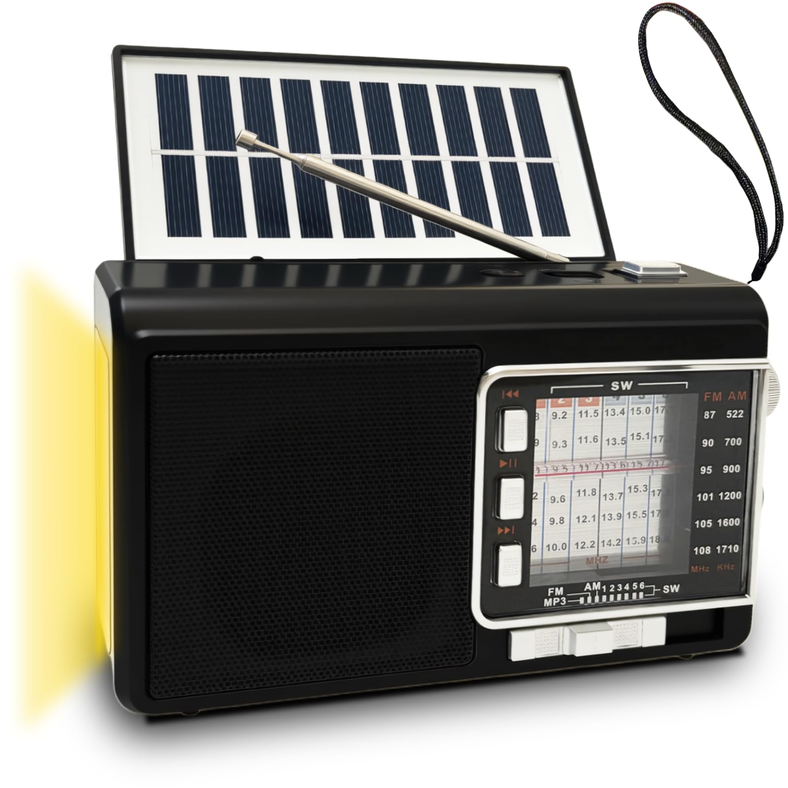 Radio Portatile con Pannello Solare e Batteria 1200mAh, Ricevitore AM/FM/SW1-6 con Altoparlante 8W/TWS/USB/TF, Torcia, Radio Bluetooth Ricaricabile per Camping, Emergenze, Esterno