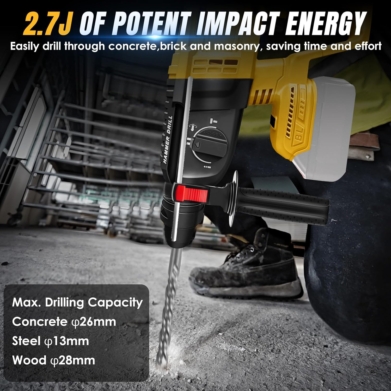 Cordless Rotary Hammer Drill for Dewalt 20V Max Battery, Brushless SDS Plus Rotary Hammer, 4 Modes, 0-4500 BPM, 2.7 Joules Impact Energy, with 360°Auxiliary Handle and 4 Drills (No Battery)