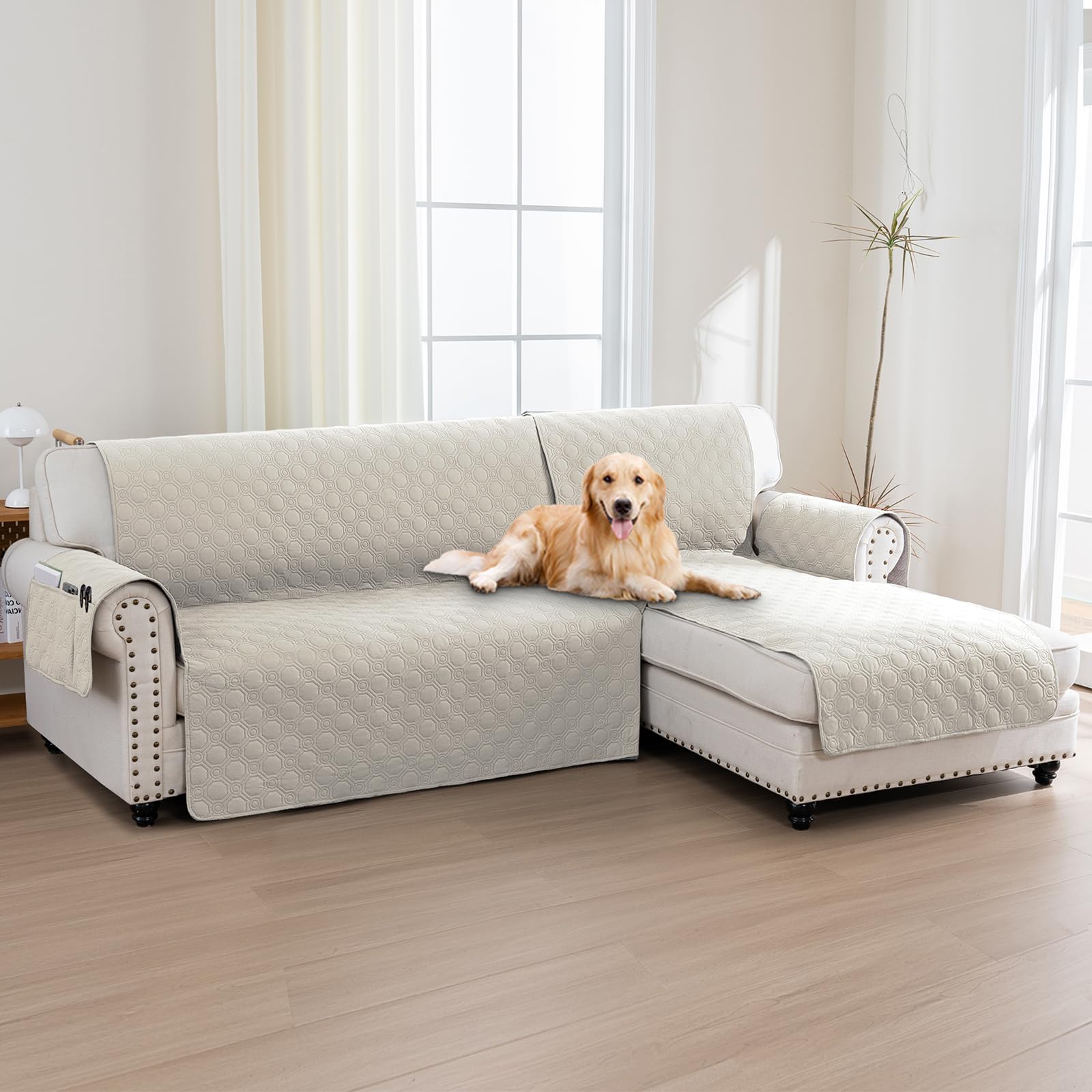 BellaHills 100% Impermeabile Copridivano 3 Posti con Penisola (Seduta 247cm), Copridivano Penisola Destra, Copridivano Antigraffio Indispensabile per Animali Domestici, Rovere Francese