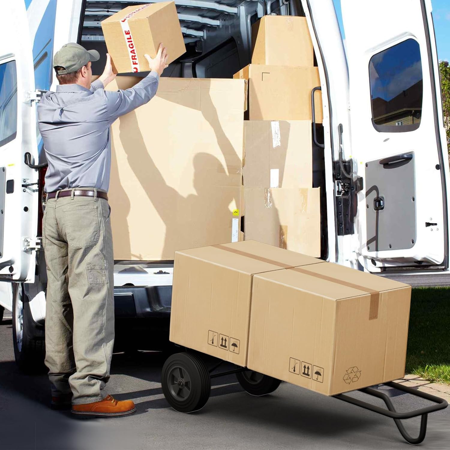 IRONMAX Hand Truck Dolly, 770LBS Capacity Heavy Duty Steel Foldable Dolly with 10’’ Solid Rubber Wheels & Foldable Nose Plate, Utility Dolly for Moving Home Office Warehouse (Black)