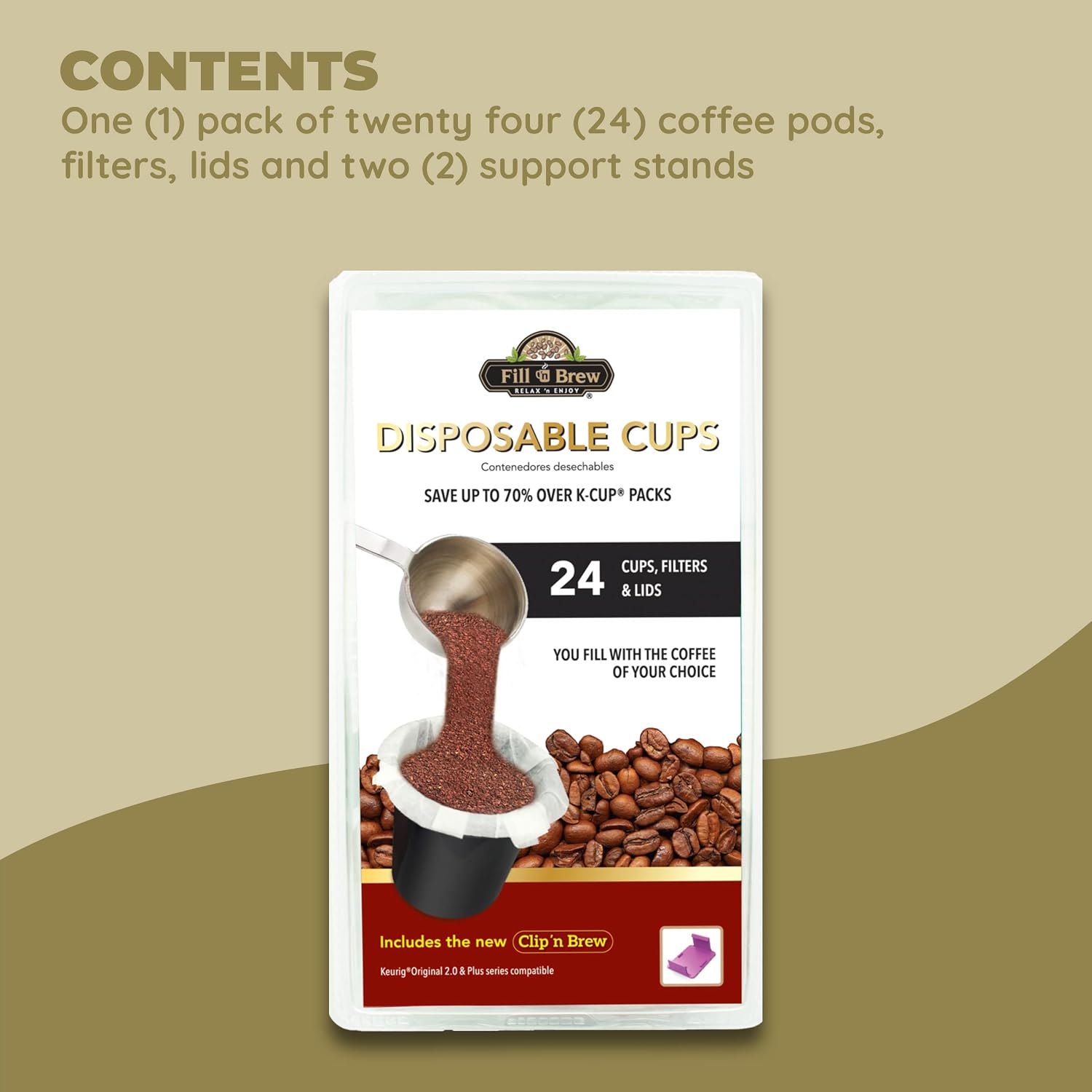 Fill 'n Brew Individual Disposable Coffee Pod Cups, Compatible with Most Single-Serve Coffee Makers, 24-Count Fillable Cups, Filters & Lids
