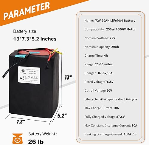 Miniatura 4 de Batería Ebike de 72V 20AH 25AH 30AH 40AH 50AH 60AH 80AH LiFePO4 Batería de litio con cargador rápido 5A10A y 50A80A BMS apto para motor 5500W-250W