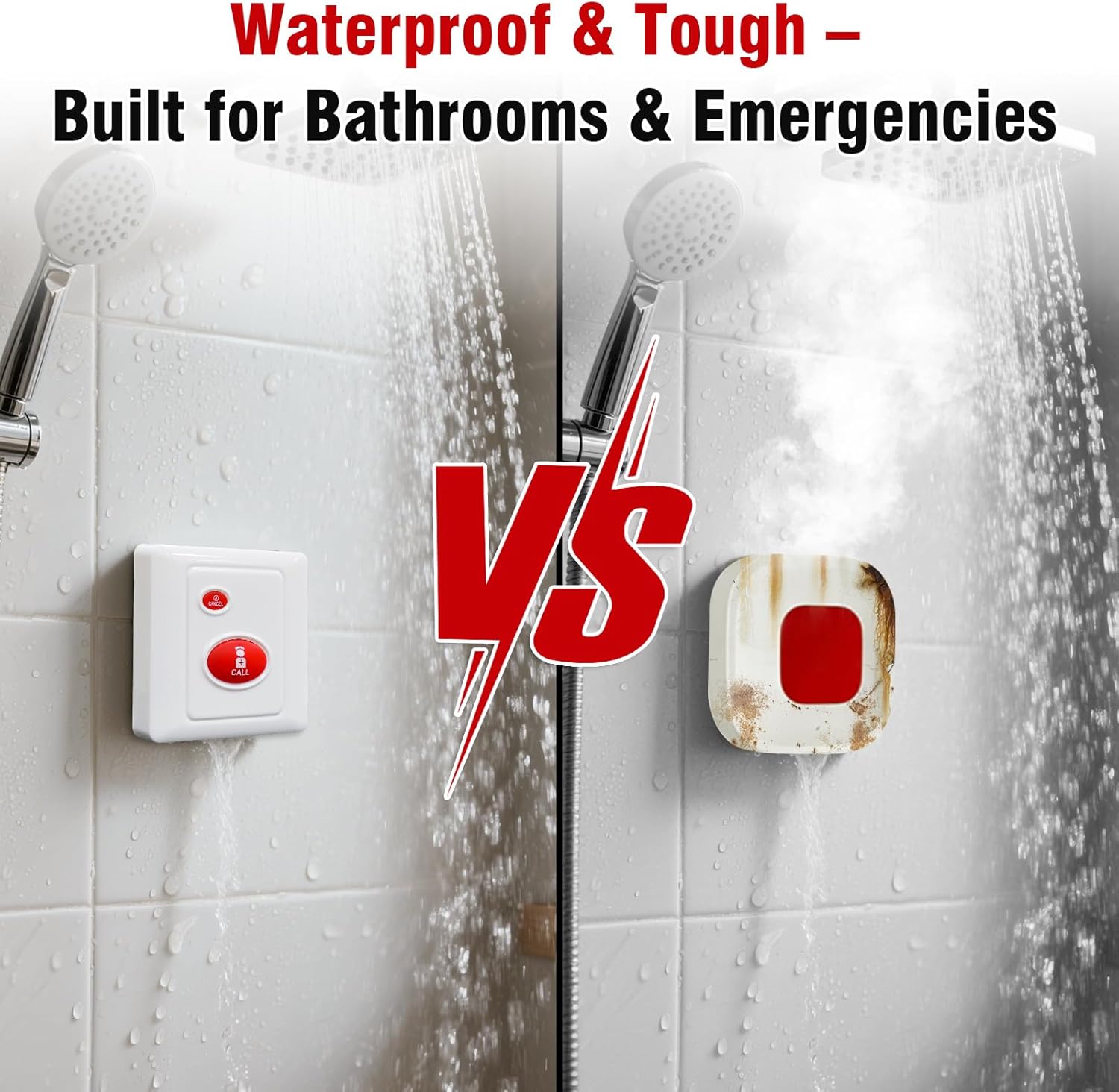 A house with a call button outside and the siren unit inside, illustrating a 500ft reliable range.