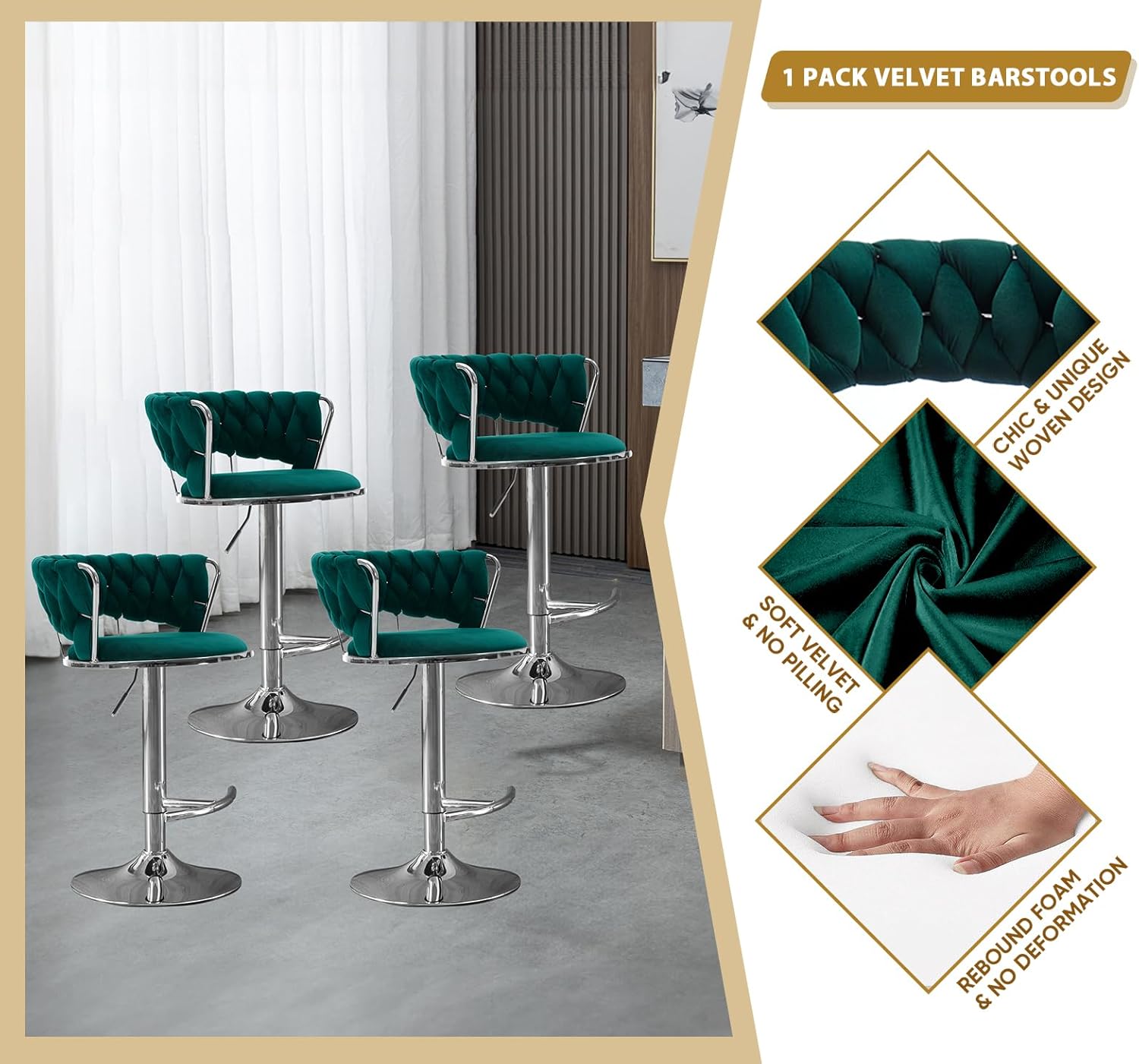 Velvet Swivel Bar Stools Set of 4, Modern Adjustable Barstools with Woven Back, Counter Height Bar Stool with Silver Leg, Upholstered Bar Chair for Kitchen Island, Pub, Cafes, Bar, Counter (Emerald)