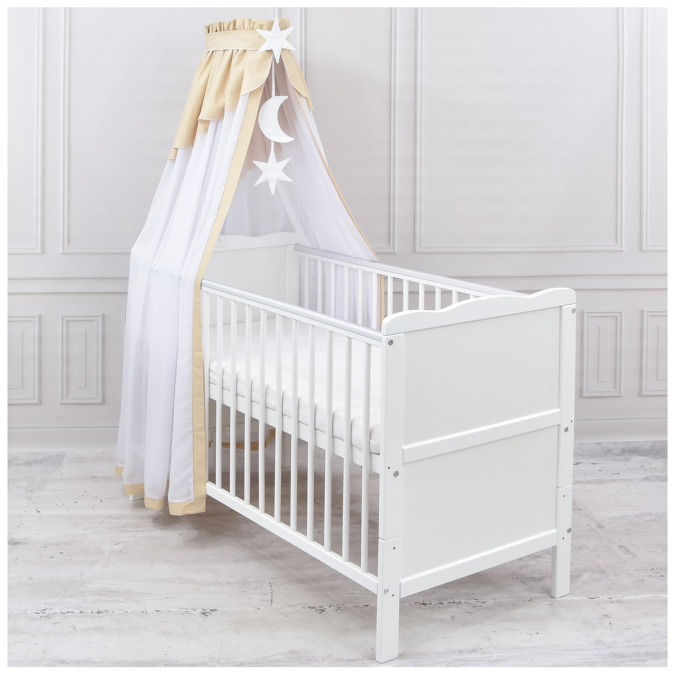 Generisch Baby Delux Babybett Himmel Betthimmel Chiffon Baldachin für Babybett Kinderbett Wiege Stubenwagen Himmelstange Applikationen Deko (Beige, mit Himmelstange)