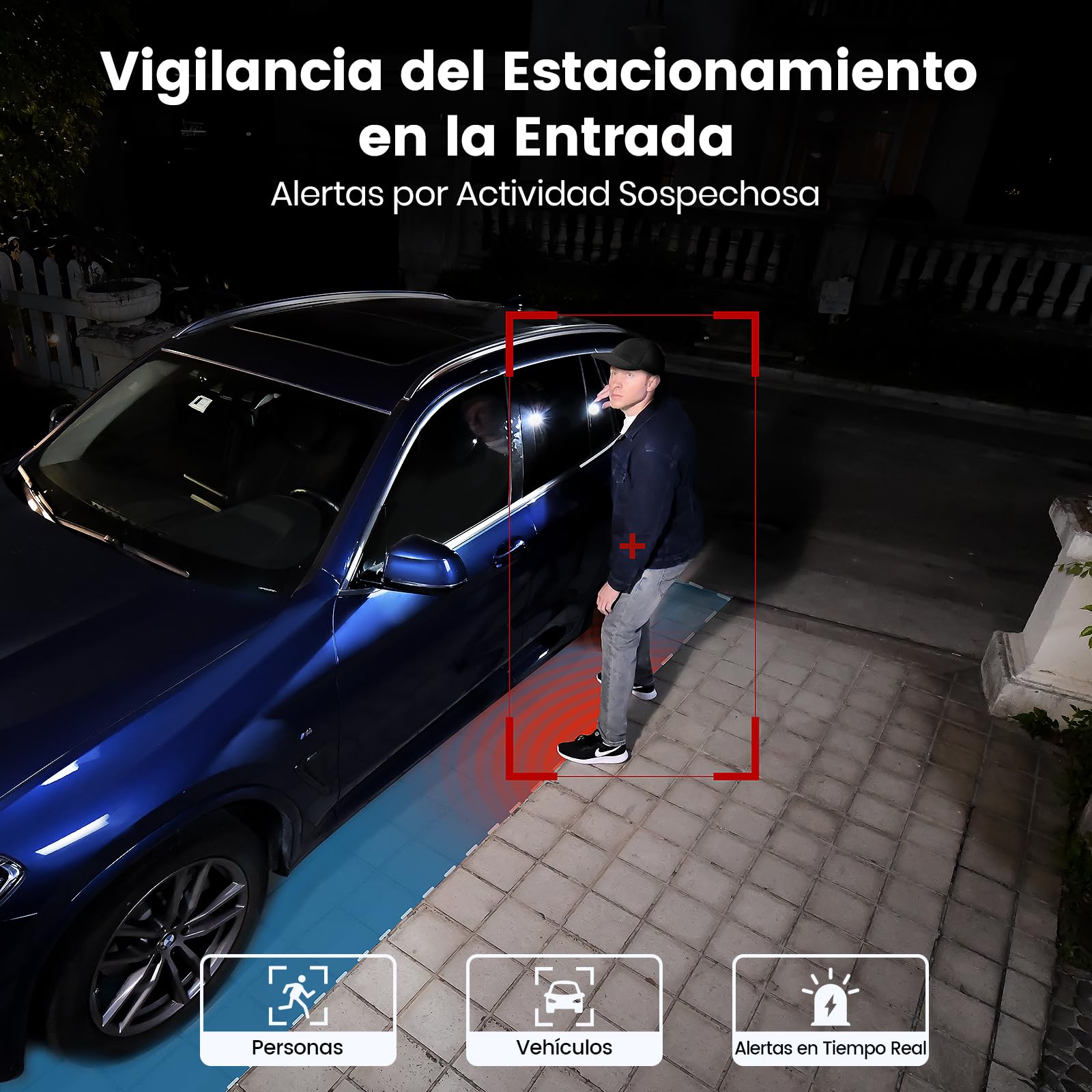 aosu 3K 5MP Cámara Vigilancia Exterior WiFi Inalámbrico, 360° PTZ, Panel Solar de Alta Capacidad, Detección AI de Personas, Mascotas, Vehículos, Visión Nocturna en Color, Luz Alarma, 400lm Foco, 2Pz