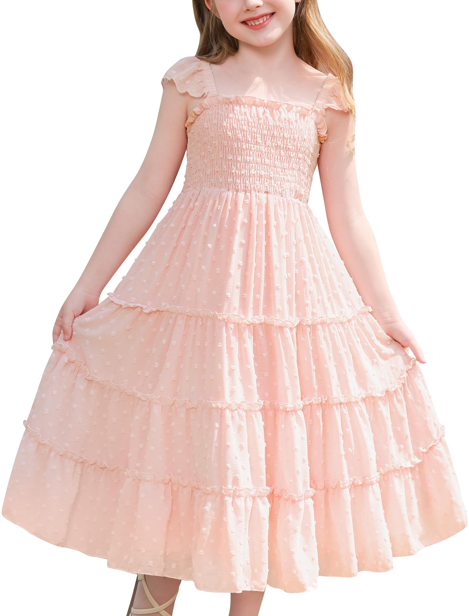 FYMNSI Toddler Girls Dress Spring Summer Flutter Sleeve Princess Smocked Swiss Dot Flowy Birthday Party Pageant Sun Dress