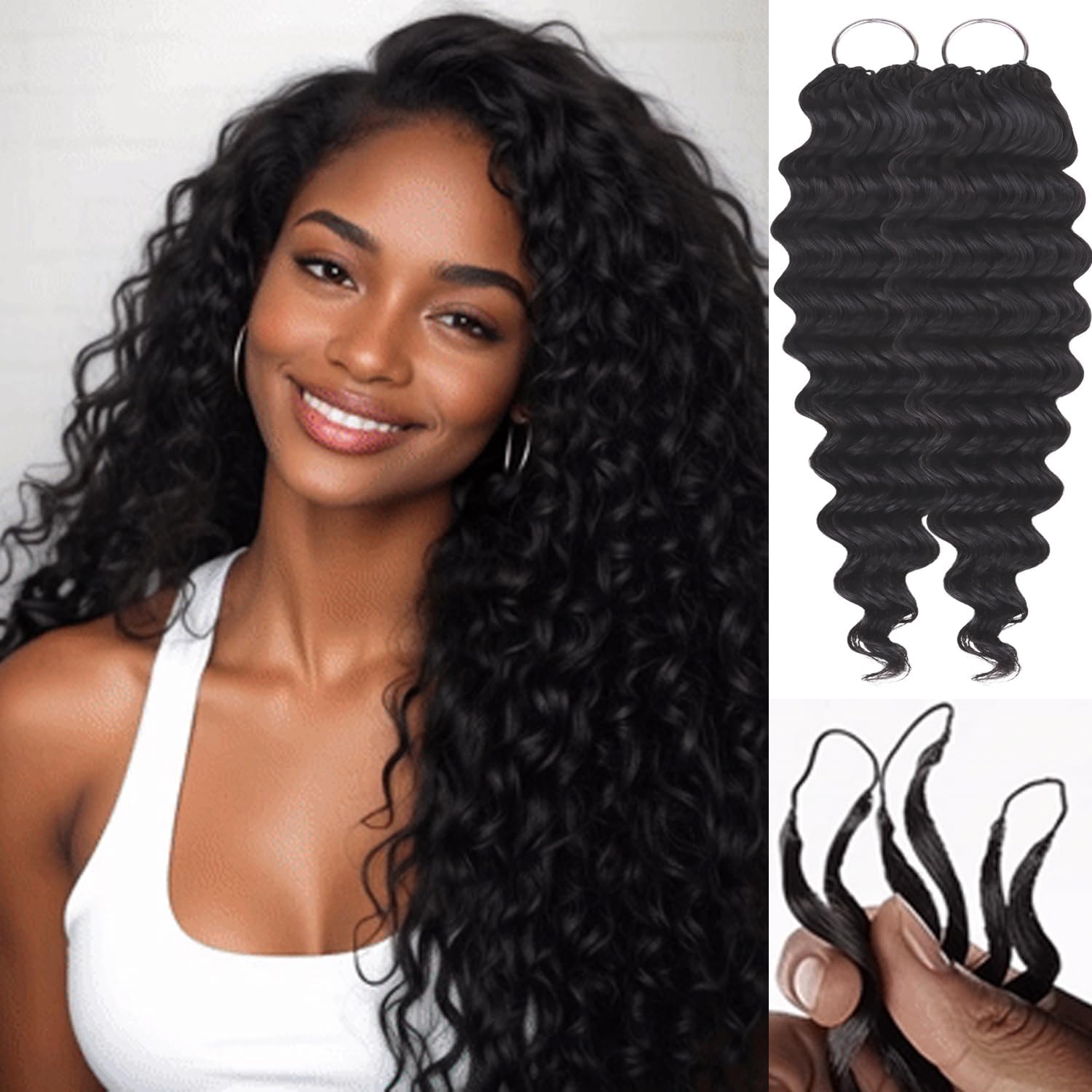 IDN Human Crochet Hair Knotless Pre Separated Bulk Hair, 16 Inch 120g Feather Line Crochet Bulk for Full Hair Braids, Deep Wave Natural Black Invisiable Knot Hair Extensions For Women Girl