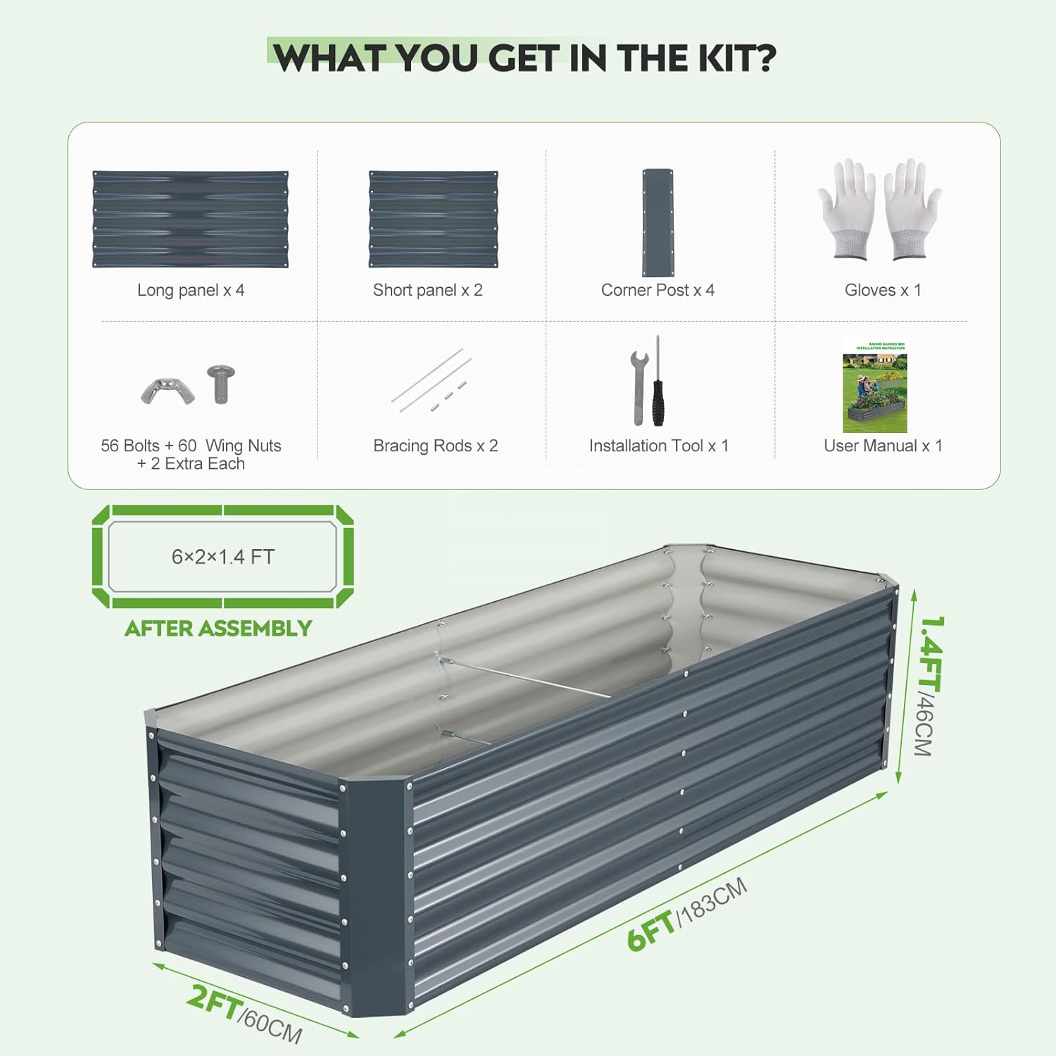 ZORMY 6×2×1.4ft Galvanized Raised Garden Bed Kit, Metal Planter Boxes Outdoor, High Raised Beds for Vegetables, Fruits, and Flowers - IronGrey