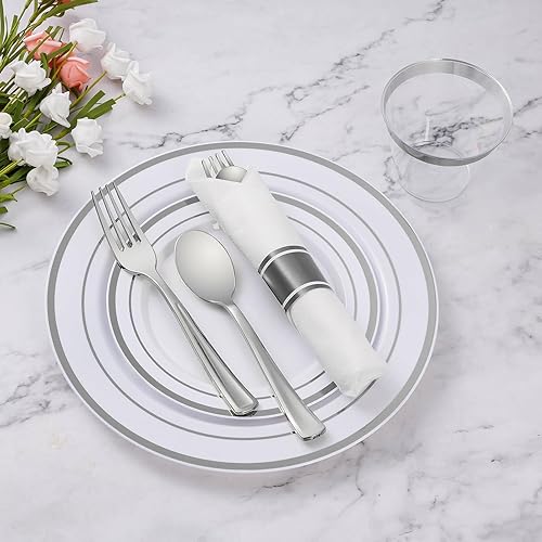 Miniatura 2 de Goodluck Juego de 50 cubiertos de plástico plateado preenrollados, juego de cubiertos de plástico envueltos con servilleta que incluye 50 tenedores,
