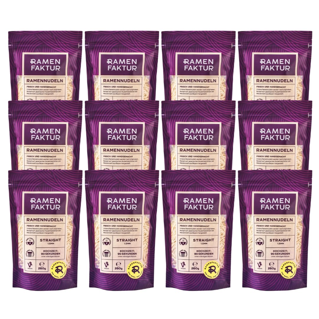 Ramenfaktur Ramen Nudeln Straight - Frische japanische Weizennudeln, handgemacht in Bayern, vegan, für authentische Ramen-Suppen, 12 x 260g Beutel