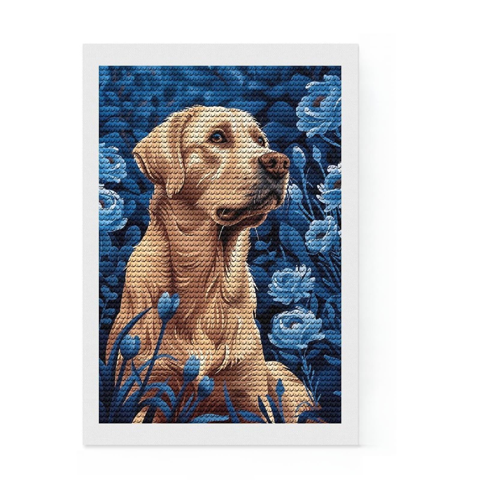 Junmoney Labrador Retriever in Blue Flowers Diamond Painting Kit 8"x12", Adhesive Canvas, Decorate Your Room, Boho Decor, Birthday Gift, Sparkling Round Gems