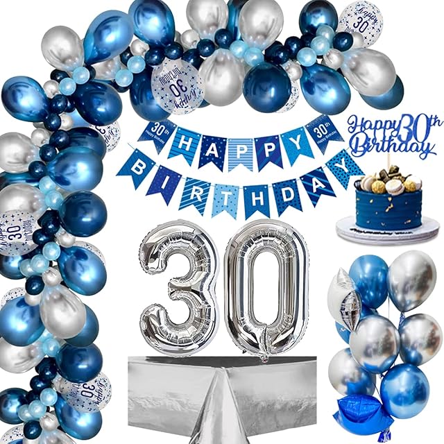 30th Birthday Decorations Men, Navy Blue Silver 30th Birthday Balloons with Happy 30th Birthday Banner, Confetti Balloon Foil Number 30 Foil Balloons for Men Women 30th Birthday Party Decorations