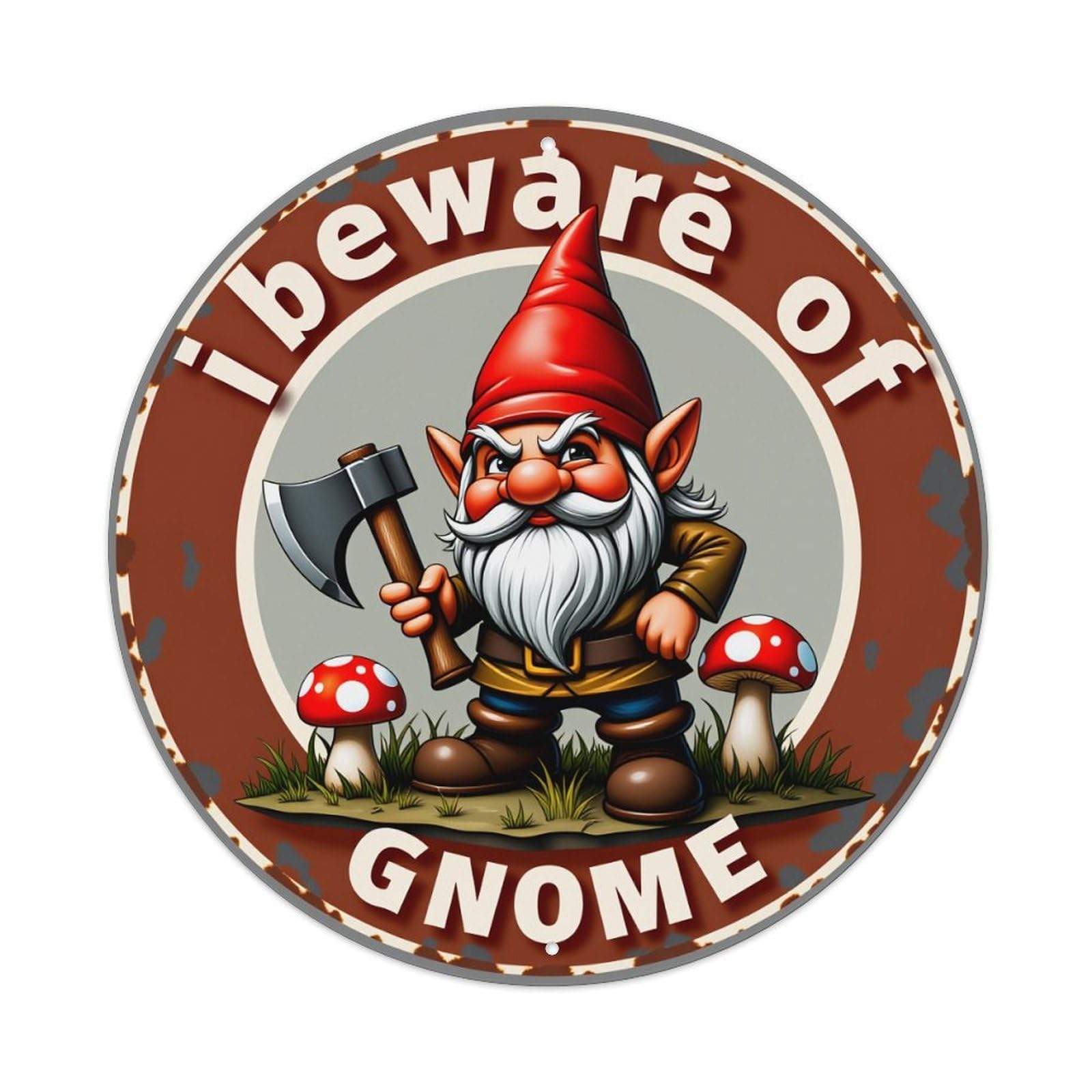 Gnome With Axe And Mushrooms In Garden Scene Round Vintage Tin Sign,Retro Wall Art,Metal Poster for Home, Bar, Garage, Cafe, Rustic Indoor & Outdoor Decor, 8x8 Inches