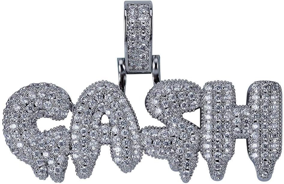 HECHUANGMicropave Simulated Diamond Iced Out Bubble Letters Cash Dripping Initial Necklace Gold Letter Pendant Chain for Men Boys Hip Hop Silver