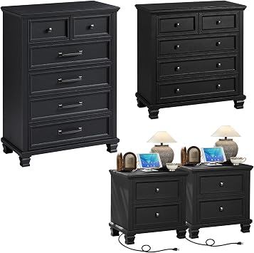 SAVOR LIFE Farmhouse Bedroom Dresser and Nightstand Set of 4, 6 Drawer Tall & 5 Drawers Dresser & 2 Drawer Nightstand Set, Rustic Wood Furniture Set for Bedroom, Hallway, Black