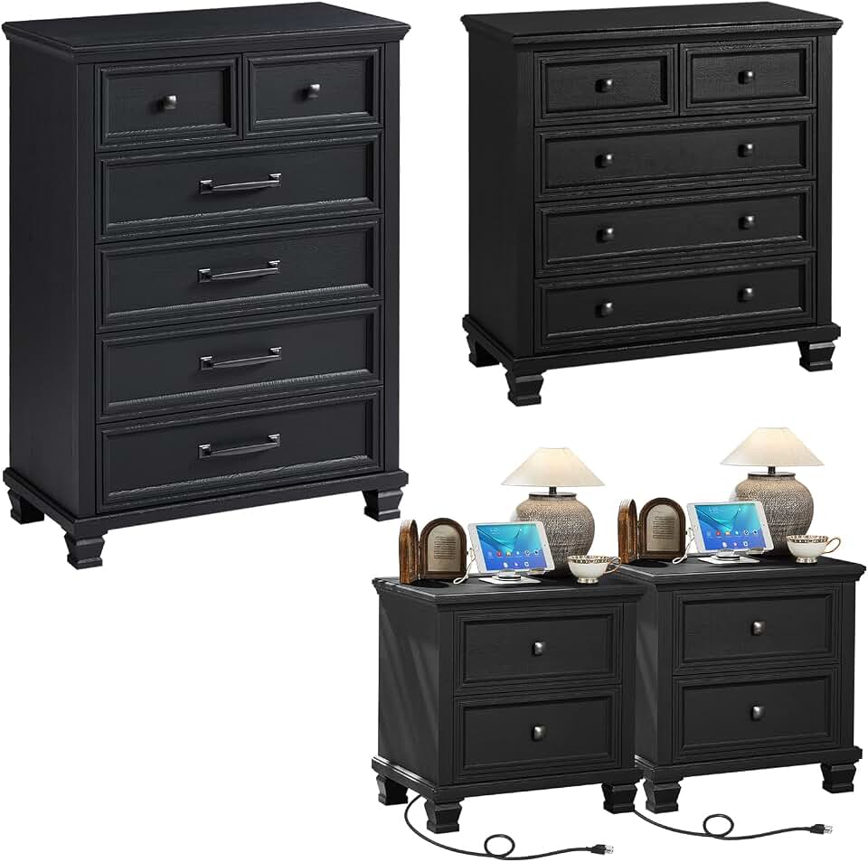 SAVOR LIFE Farmhouse Bedroom Dresser and Nightstand Set of 4, 6 Drawer Tall & 5 Drawers Dresser & 2 Drawer Nightstand Set, Rustic Wood Furniture Set for Bedroom, Hallway, Black