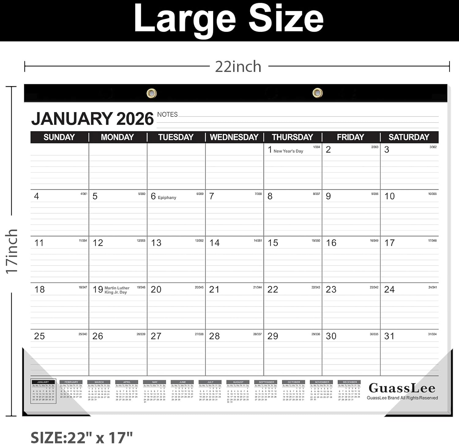 GuassLee Large Desk Calendar 2026, 3 Packs, 18 Months from Jan. 2026 to Jun. 2027, 22" x 17" Desk/Wall Calendar Hanging Planner with Julian Date, Notes, Corner Protectors for School Home Office Jan 3 pack 22"x17"