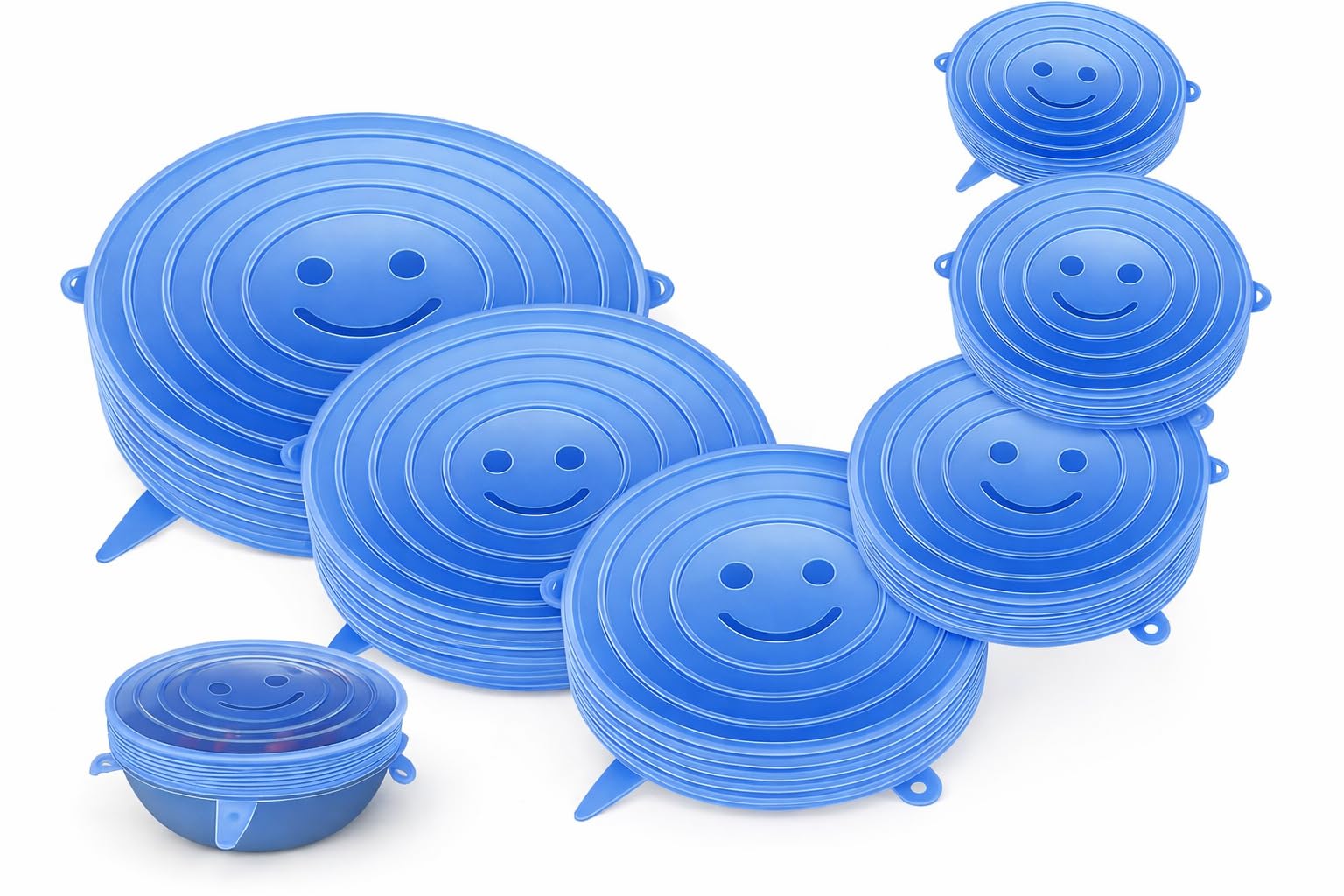 Keepli Silicone Stretch Lids, 12-Pack Reusable Food Container Covers, 6 Sizes, Clear, BPA-Free, Dishwasher Safe (Blue)