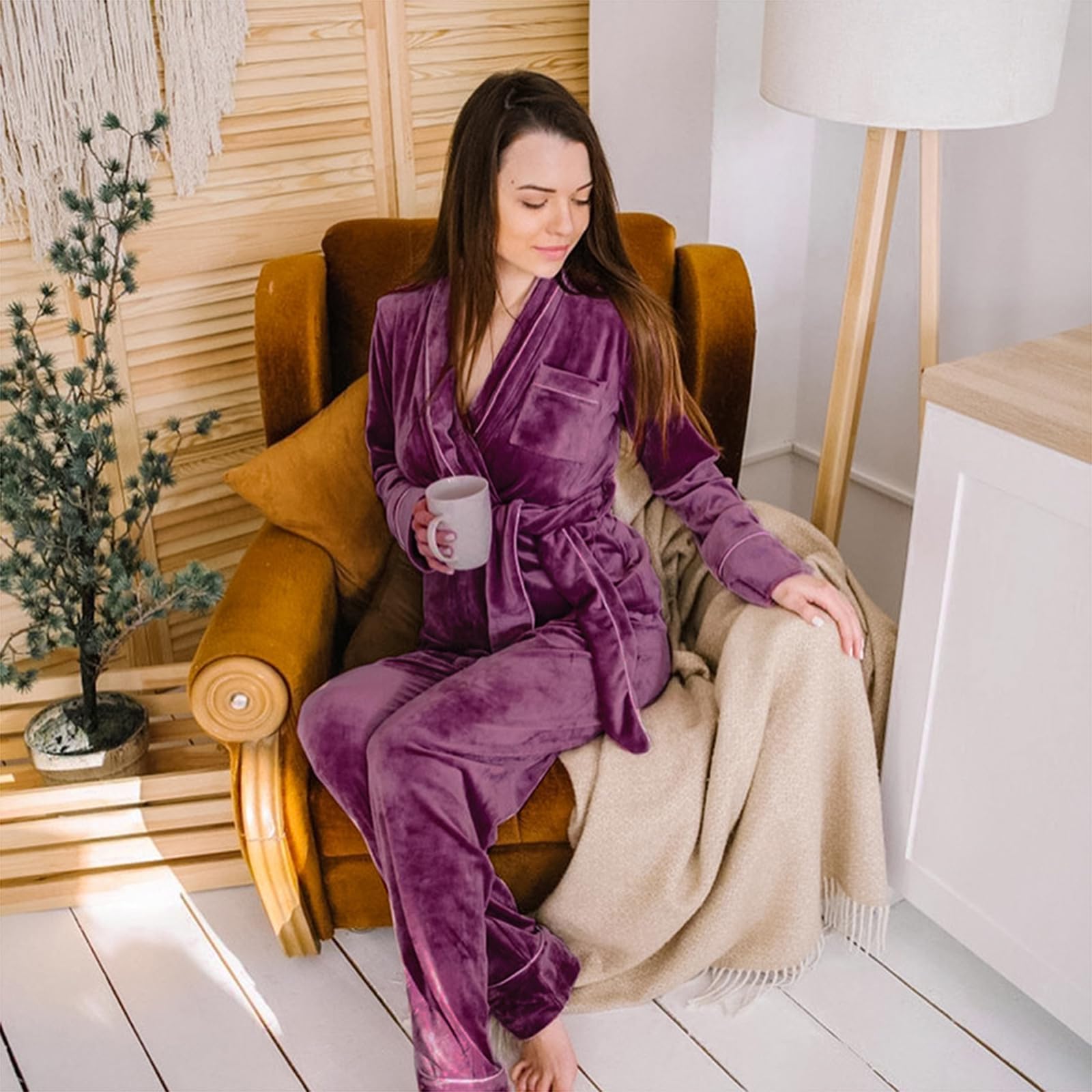 Samt-Pyjama-Set für Damen 2-teiliger langärmeliger Gürtelmantel Nachtwäsche Pyjama-Set Loungwear mit Tasche
