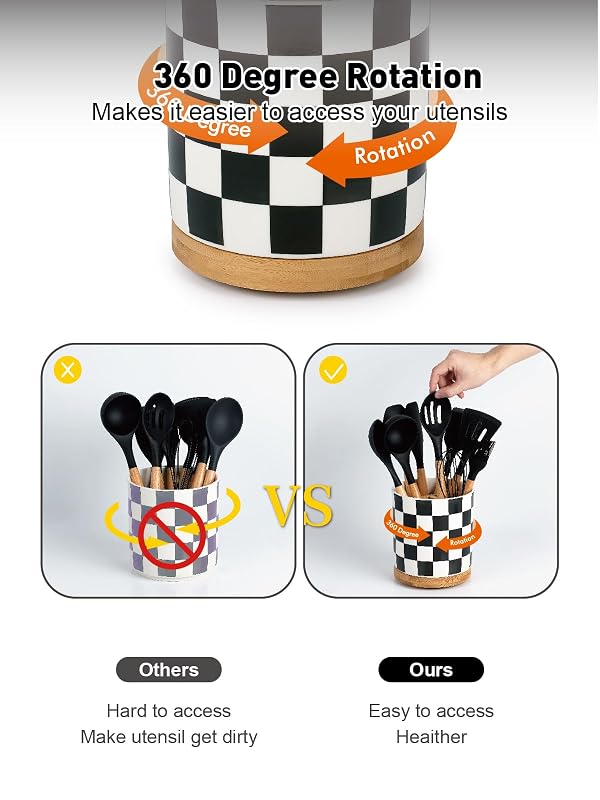 LoeJan 3 Compartment Utensil Holder, Extra Large Utensil Crock, Stable Ceramic Utensil Organizer, Cooking Tool Organizer Set for Kitchen Counter Farmhouse Decor (G-Black(Square)) by LoeJan - Image 4