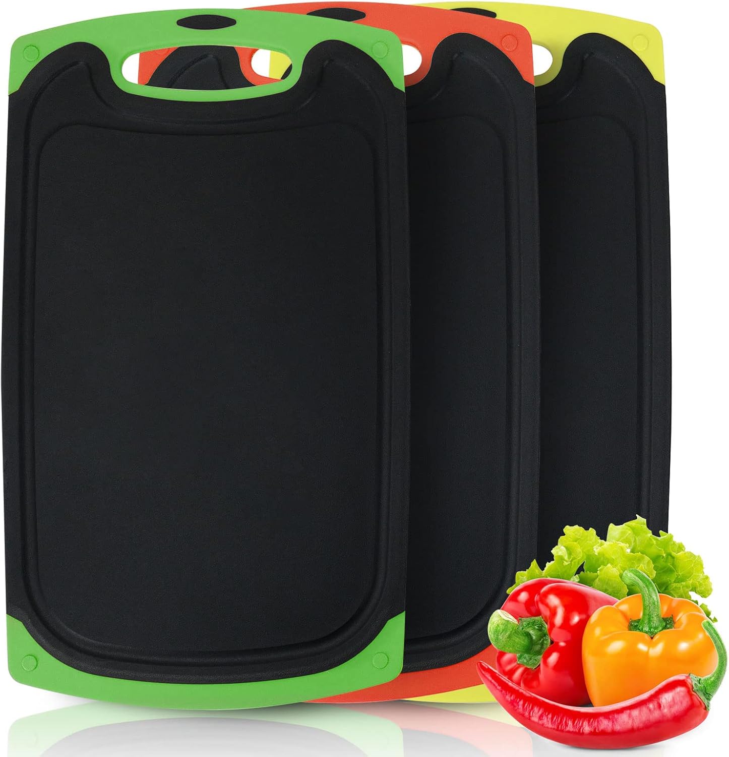 Chopping Board Set, 3 Pcs BPA Free Plastic Cutting Boards for kitchens Black with Non Slip Feet & Juice Groove & Hanging Hole Storage, Large Thick Chopping Boards for Cutting Meet/Vegetables/Bread