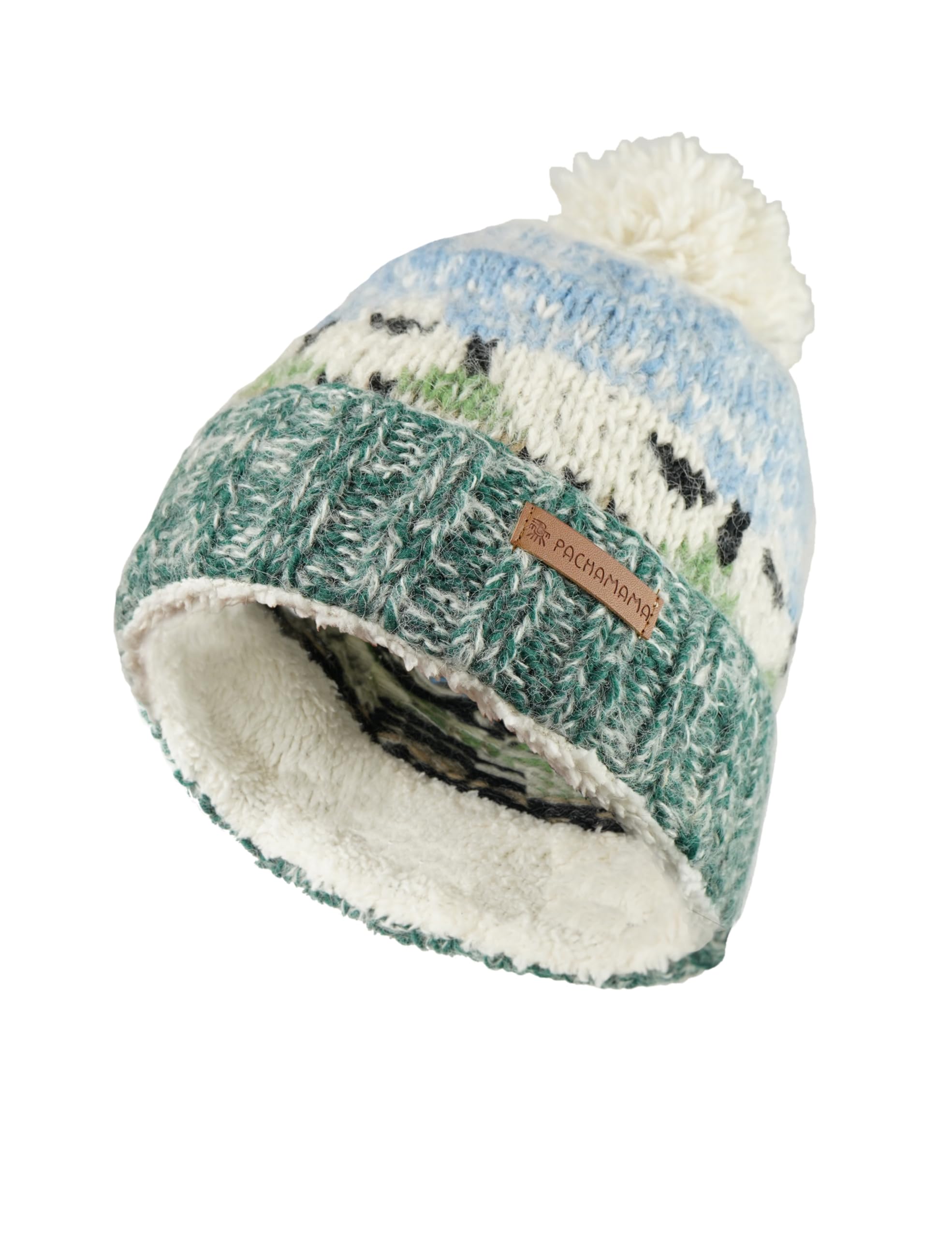 Pachamama Women Wool/Mohair Beanie Bobble Hat Sherpa Fleece Lined Handknitted Sheep Design Multicoloured One-Size Handmade Extra Warm Fair Trade