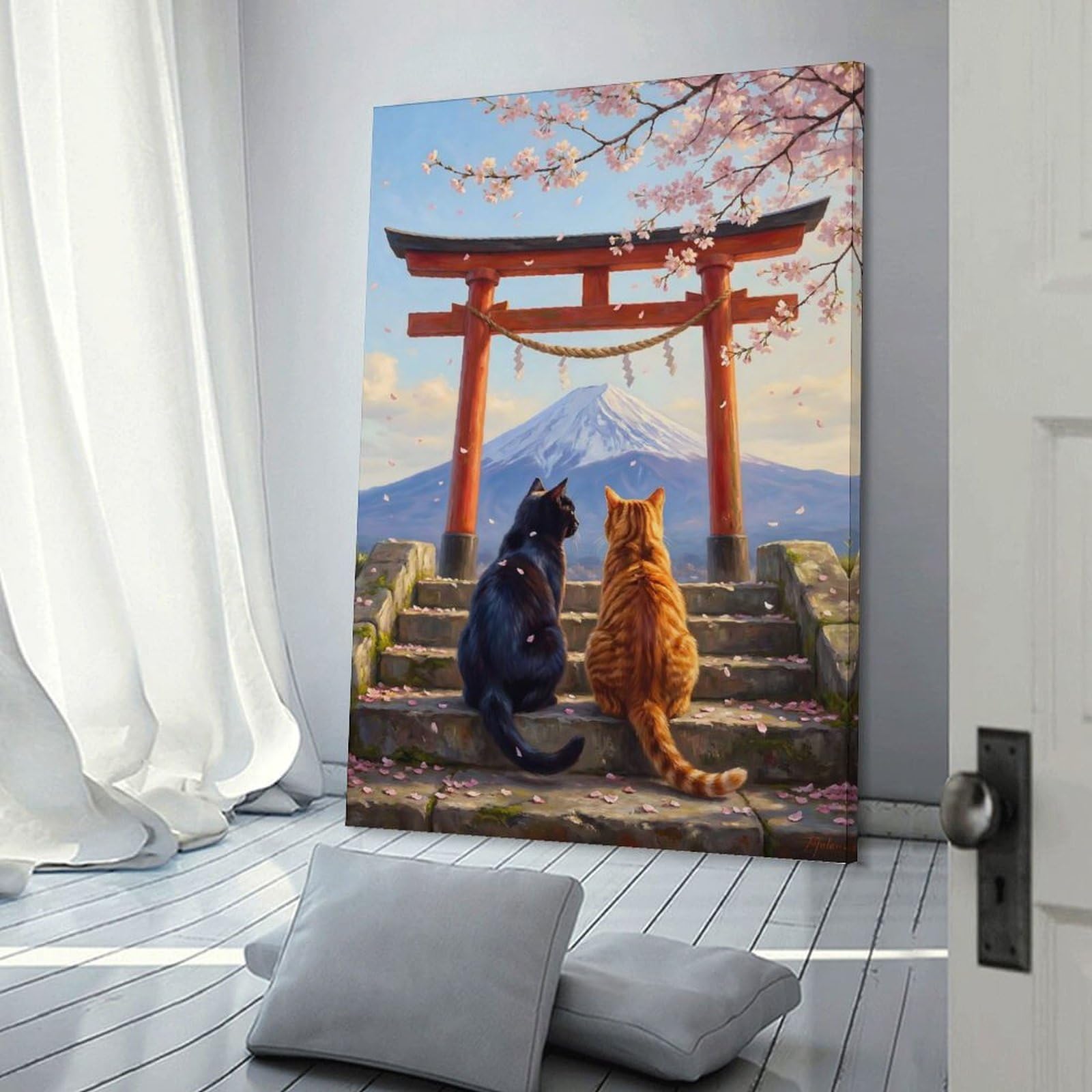 Junmoney Cats at Mount Fuji Torii Gate Canvas Wall Picture, 20x30inch(50x75cm), for Study, Office Or Apartment Decor, A Wall Art Gift for Fresh Interiors