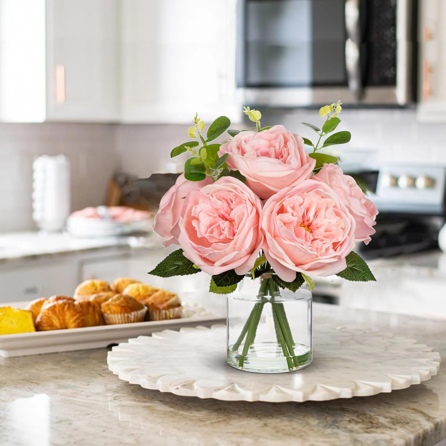 Hollyone Real Touch Peonies Artificial Flowers Arrangements in Vase Pink Fake Peonies with Glass Vase Silk David Austin Roses Faux Flowers with Faux Water Bouquet Table Floral Centerpiece Home Decor - Image 4