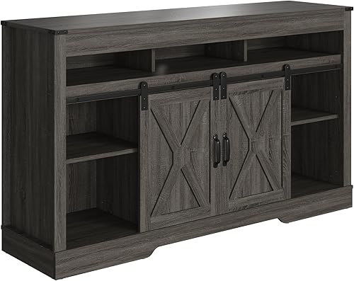 Miniatura 3 de Moderno soporte de TV para TV de más de 65 pulgadas, centro de entretenimiento de granja con puertas corredizas de granero, mesa de consola