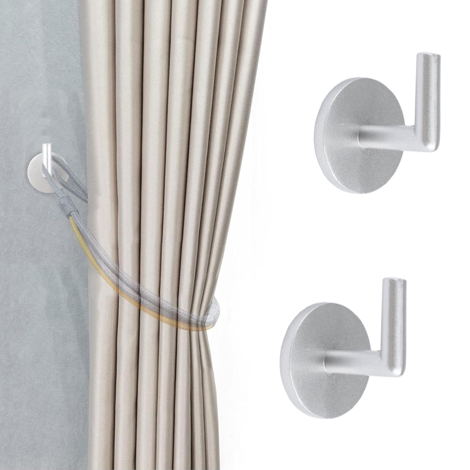 INCREWAY 2PCS Curtain Holdbacks,Self Adhesive Wall Mounted Drapery Tieback Holders Non-Trace Stick Metal Wall Hook Storage Holder Curtain Hooks Hanger for Home Decor(Silver)