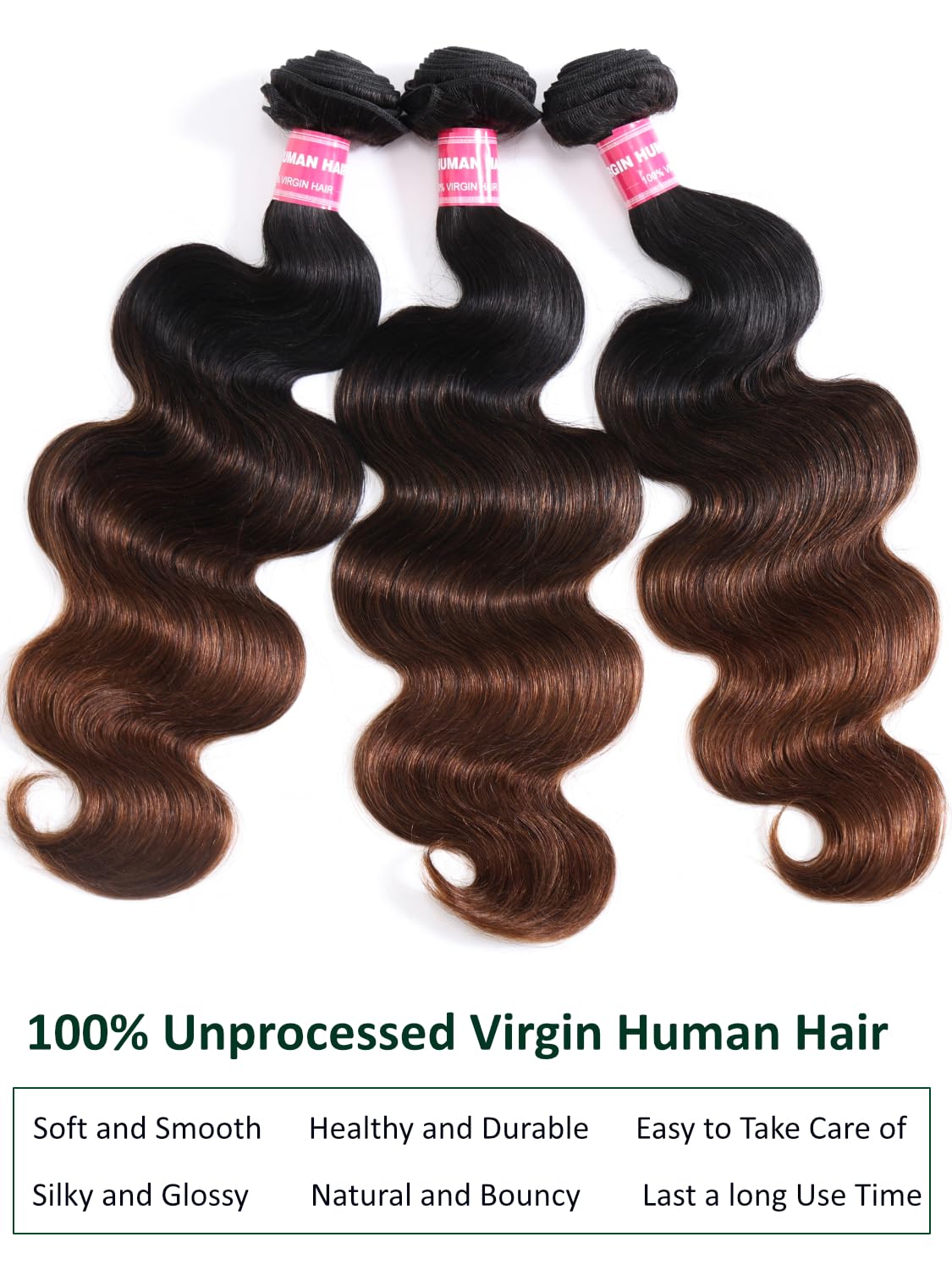 KLAIYI Ombre Brown Body Wave Bundles Human Hair Extensions with Dark Roots 100% Unprocessed Brazilian Real Virgin Hair Weaves Chestnut Brown Double Wefts for Women 12A Wavy 3 Bundles Deal 16 18 20Inch