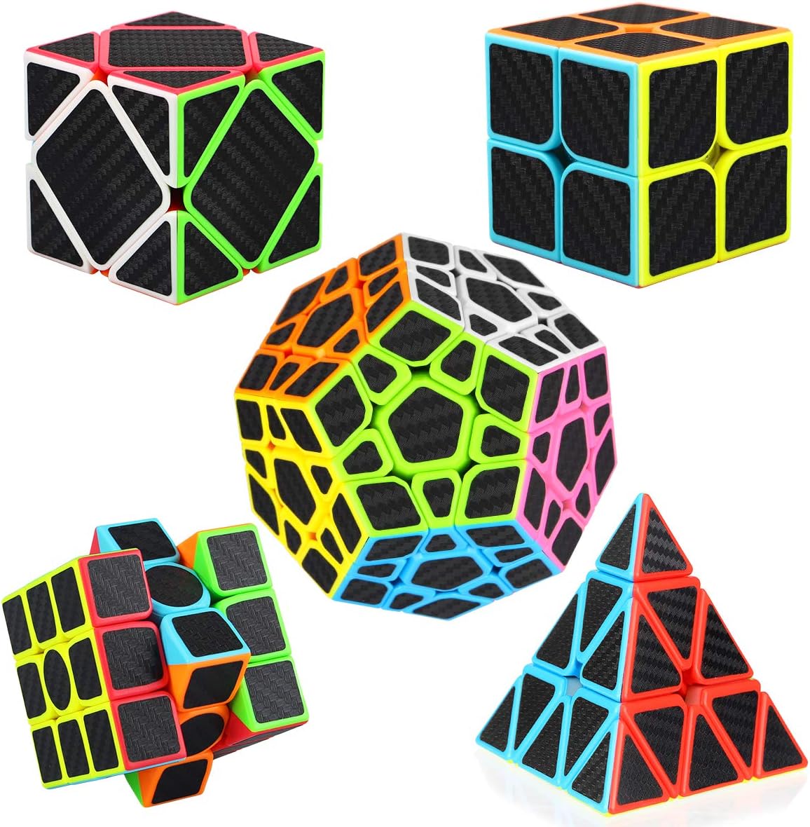 Speed Cube Set [5 Pack] Libay Cube Bundle 2x2 3x3 Megaminx Pyramid Skew Cube Carbon Fiber Sticker Magic Cube Puzzle Toys for Kids and Adults