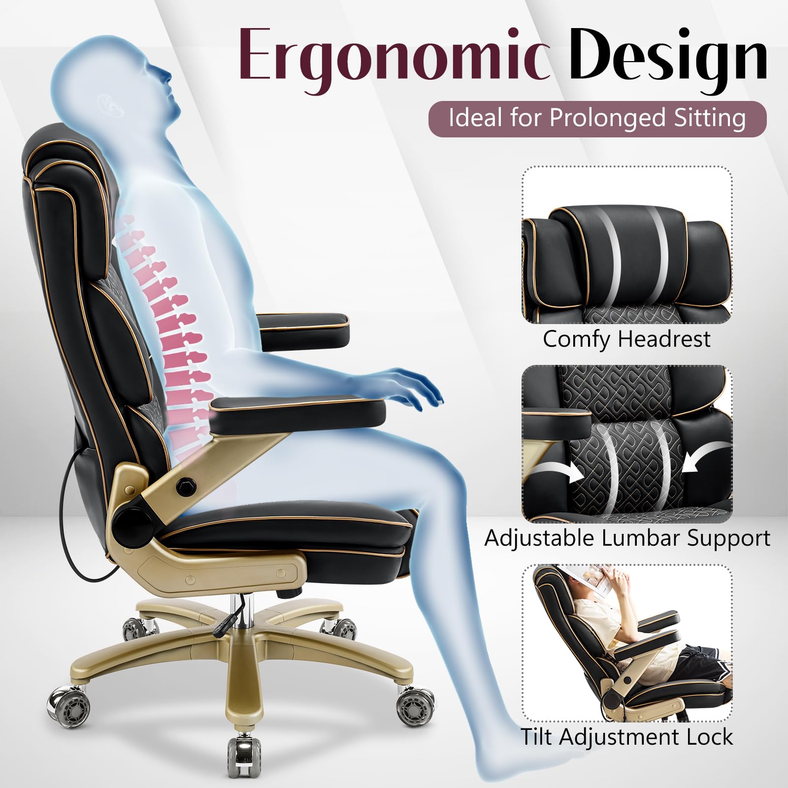 Big and Tall Office Chair 500lbs Heavy Duty Leather Chair with 5D Armrests Comfortable Seat High Back Executive — view 5