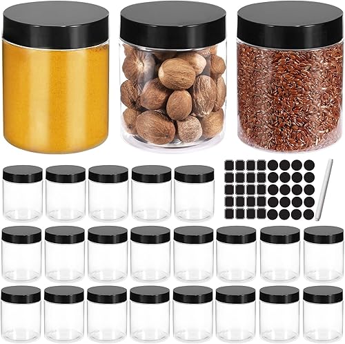 STARSIDE Paquete de 24 tarros de plástico transparente vacíos de 8 onzas con tapas negras, recipientes redondos recargables para slime, productos de