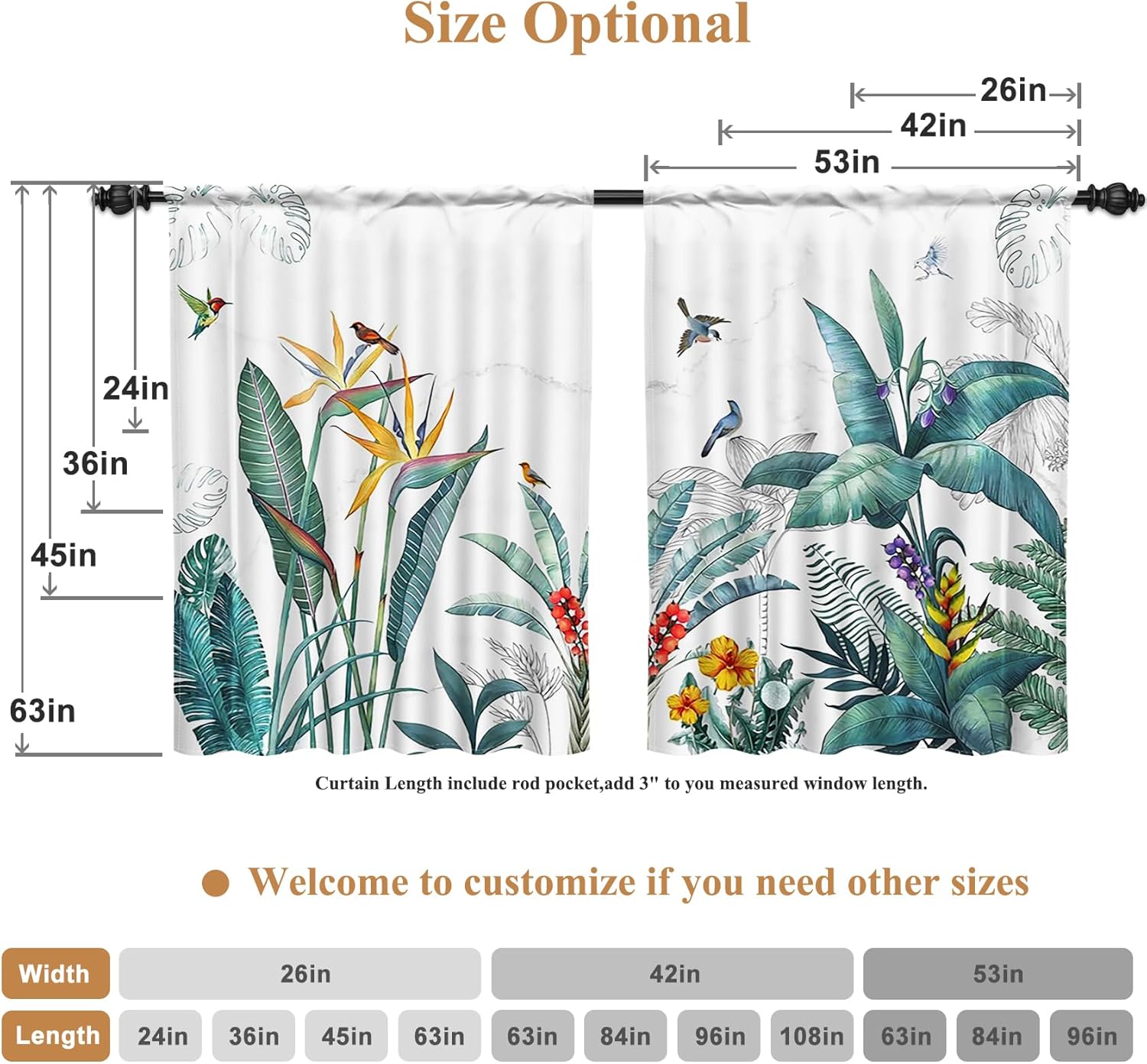 Renaiss 42 x 63 Inch Tropical Plants Window Curtains Sketch Leaves Flowers Birds Botanical Window Treatment Curtains Linen Palm Trees Tropical Rainforest Landscape Blackout Thermal Curtains 2 Panels