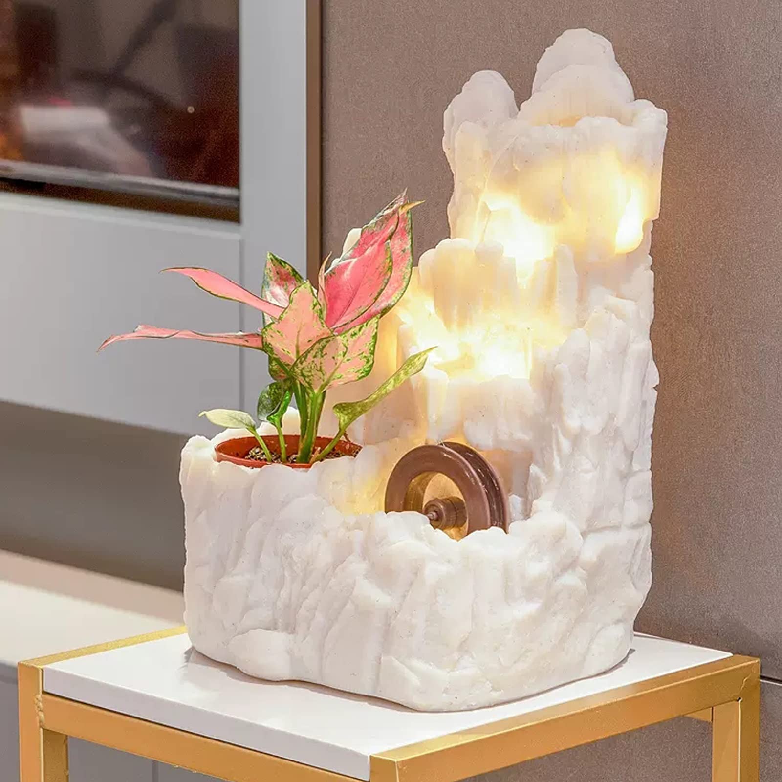 Fuente de mesa decorativa para interior, fuente de agua con cascada, de resina, con iluminación LED, bomba de agua, Zen, decoración para salón, dormitorio, oficina, 24 x 19 x 35,5 cm, Blanco