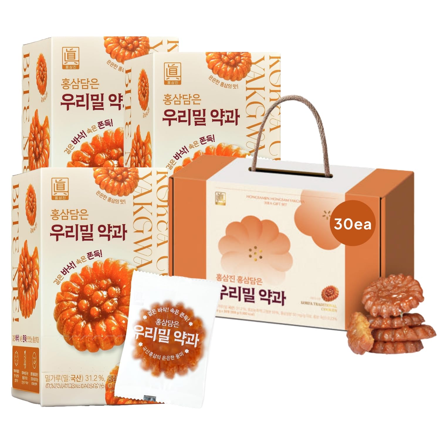 Korean Food Hongsamjin Yakgwa Honey Glazed Donut Cookies – 30 Individually Wrapped Korean Honey Pastry Bites with Red Ginseng – Chewy Traditional Snack & Gift Set