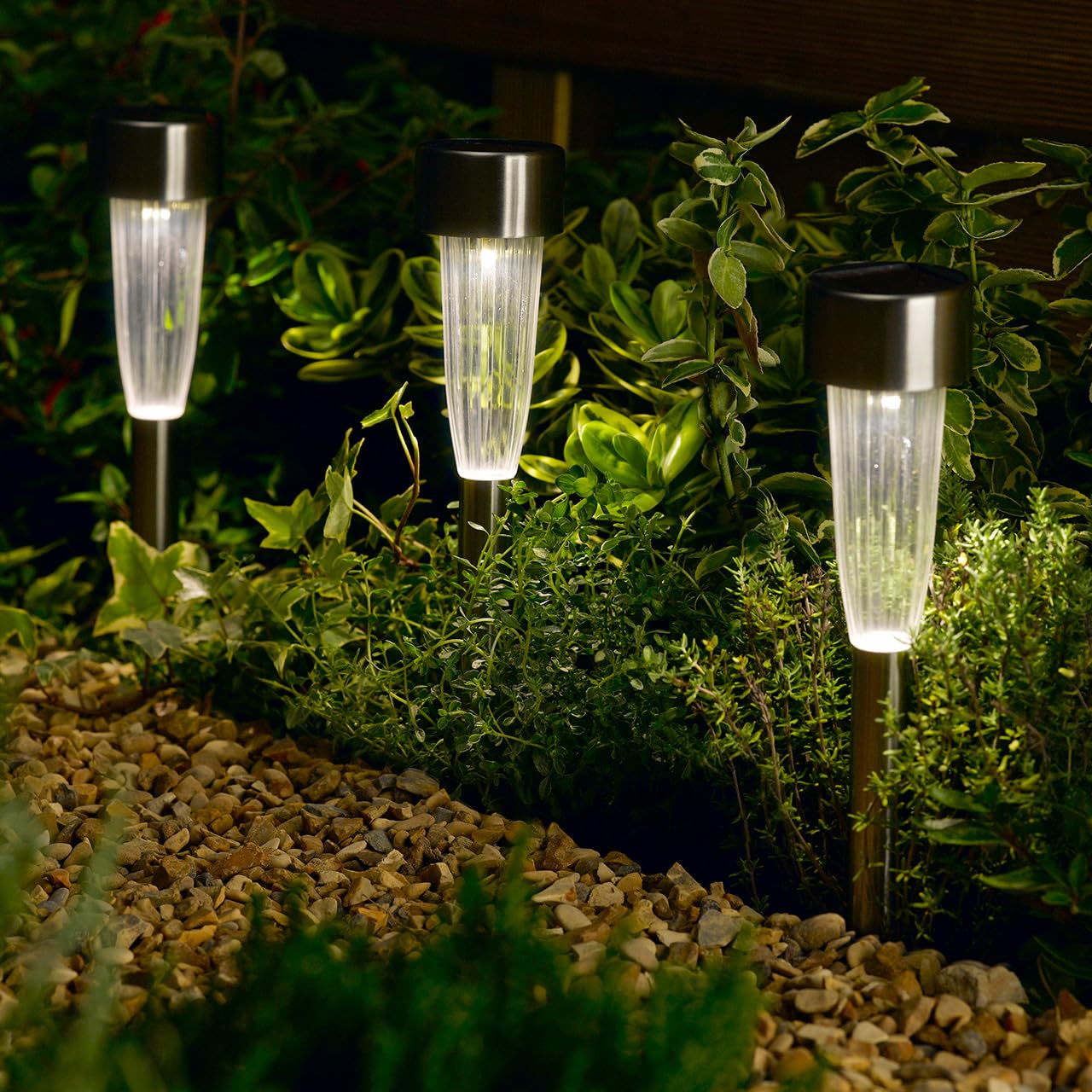 Mysmartbuy.com Silver 10 X Solar Powered Fluted Marker Stake Lights – Weather Resistant Stainless Steel Outdoor Garden Led Lighting For Lawn, Patio, Decking, Pathways, Borders, Yard - Each H36 X 5Cm Diameter