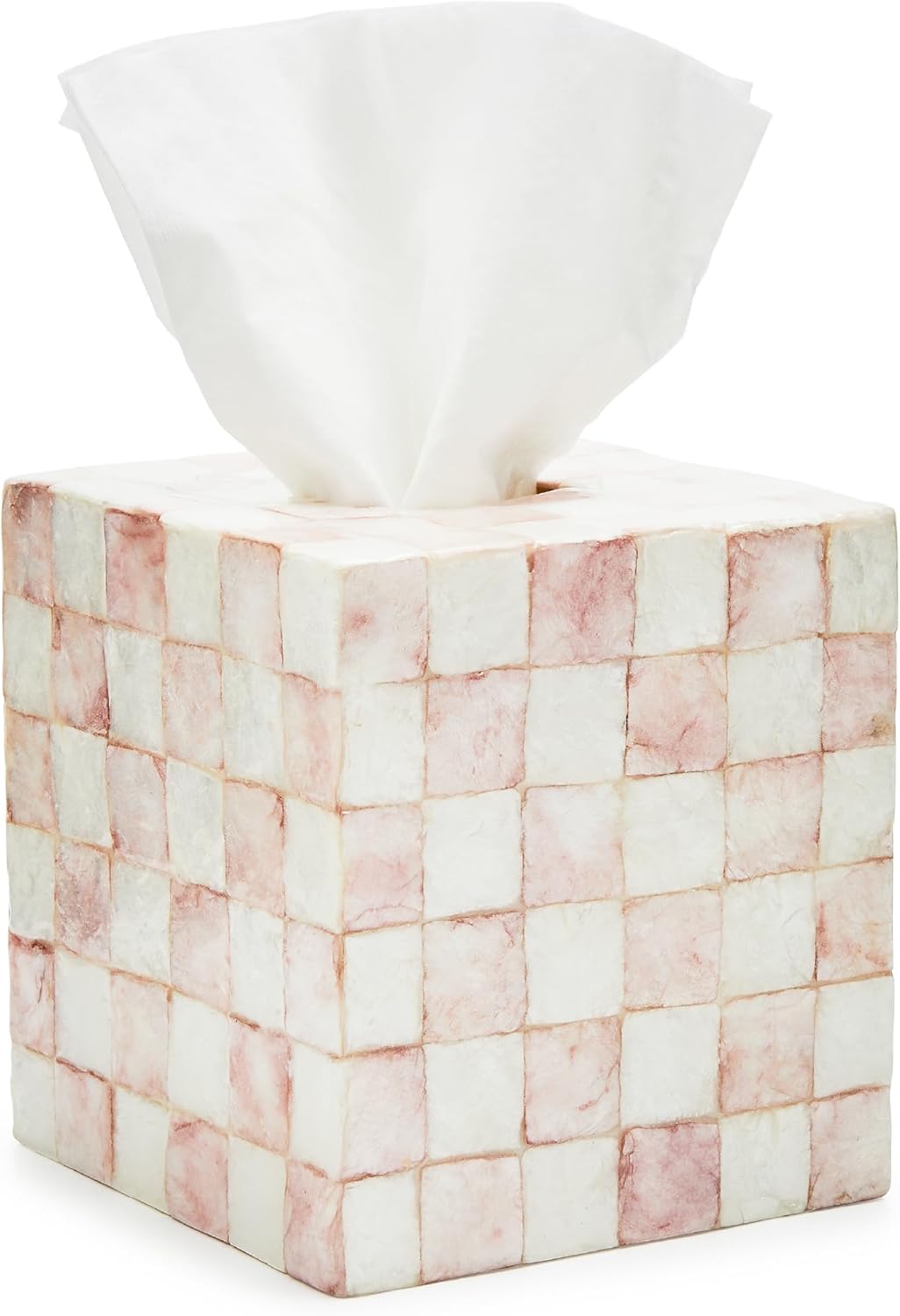 MACKENZIE-CHILDS Boutique Square Capiz Tissue-Box Cover, Decorative Tissue Holder, Purple-and-White Violet Check