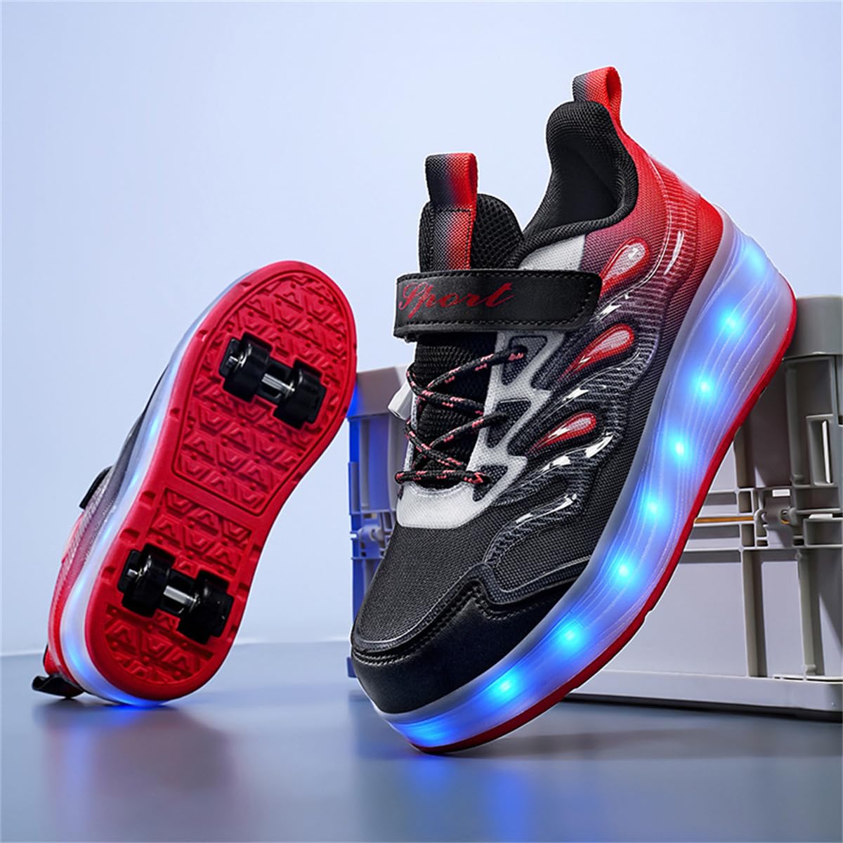 Patins à roulettes 2 en 1 Enfant Fille Garçon, Chaussures de Skateboard 4 Roues Amovible Brillantes