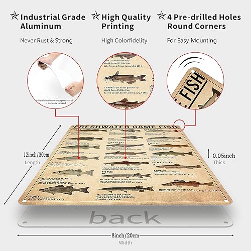 Miniatura 2 de Cartel de hojalata vintage de agua dulce para niños, diseño de pez de caza para hombre, cueva, sala de caza, dormitorio, casa de lago, cabaña,