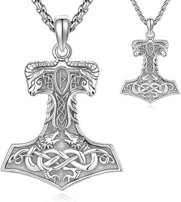 Viking Thors Hammer Necklace for Men Women, S925 Sterling Silver Vintage Norse Talisman Mjolnir Necklace Amulet Pendant Jewelry Gifts with Sturdy Box Chain