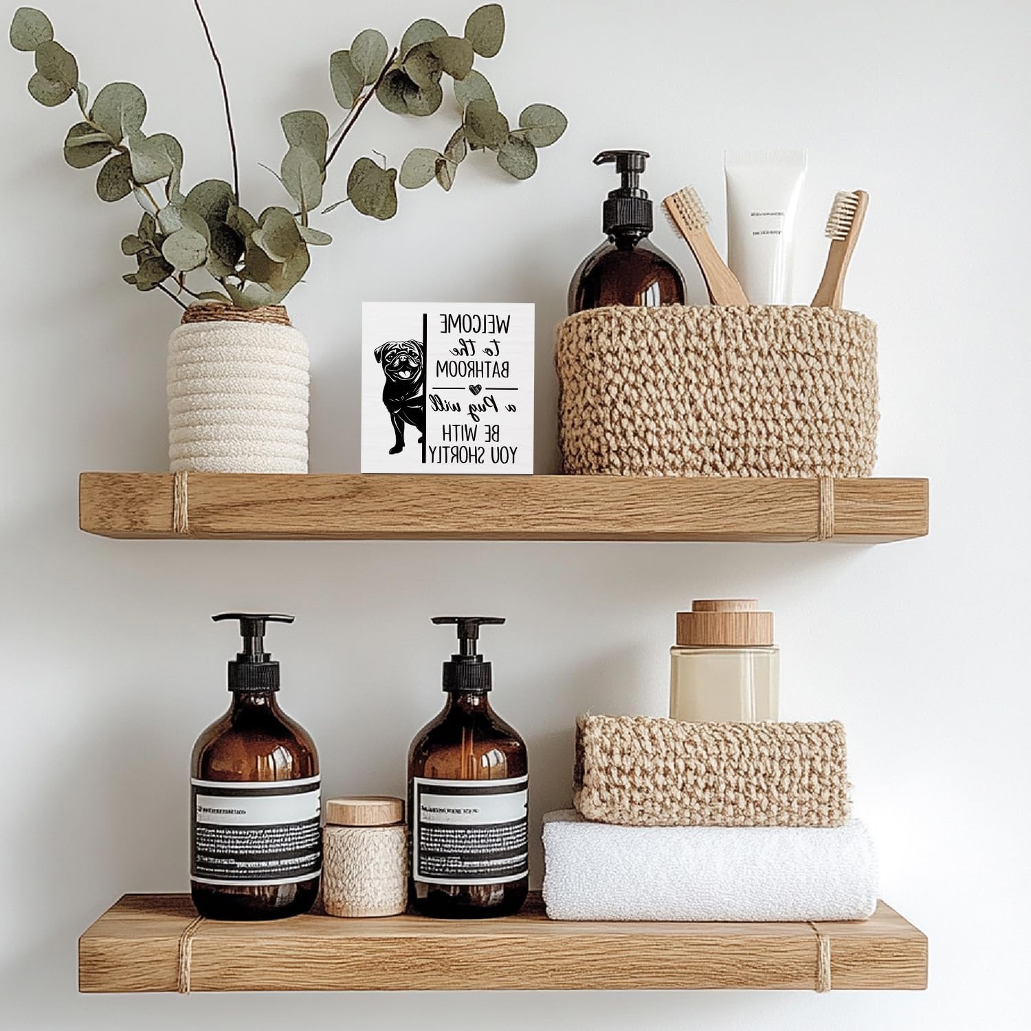 Funny Pug Bathroom Wooden Box Sign,Gifts for Pug Lovers, Dog Wood Block Plaque Signs for Bathroom Toilet Restroom Desk Table Shelf Decor, 5x5 Inch - Image 4