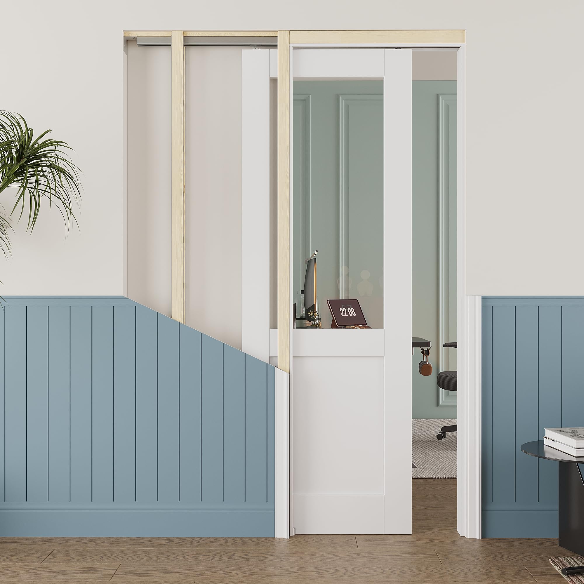 28x80 Sliding Pocket Door,Half Lite Clear Glass Doors,Murphy Hidden Doors