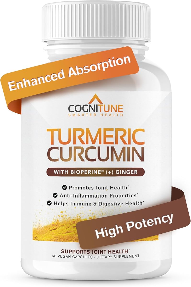 CogniTune Organic Turmeric & Ginger Capsules - Turmeric Curcumin with Ginger & BioPerine, 95% Curcuminoids - Joint, Digestion, Immunity Support, Black Pepper Extract for Increased Absorption